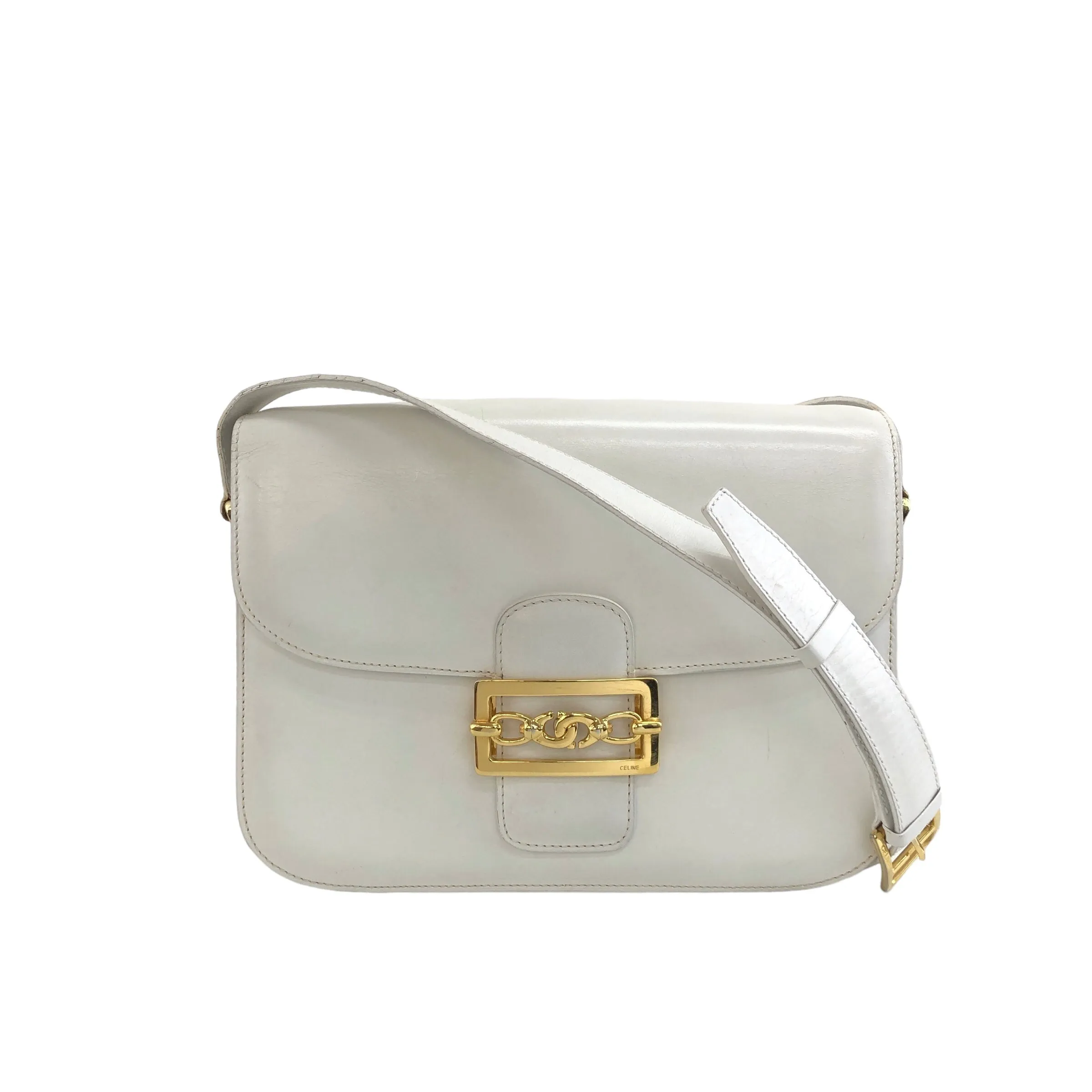 CELINE Horse Bit Leather Crossbody Shoulder bag White Vintage tkdtk2
