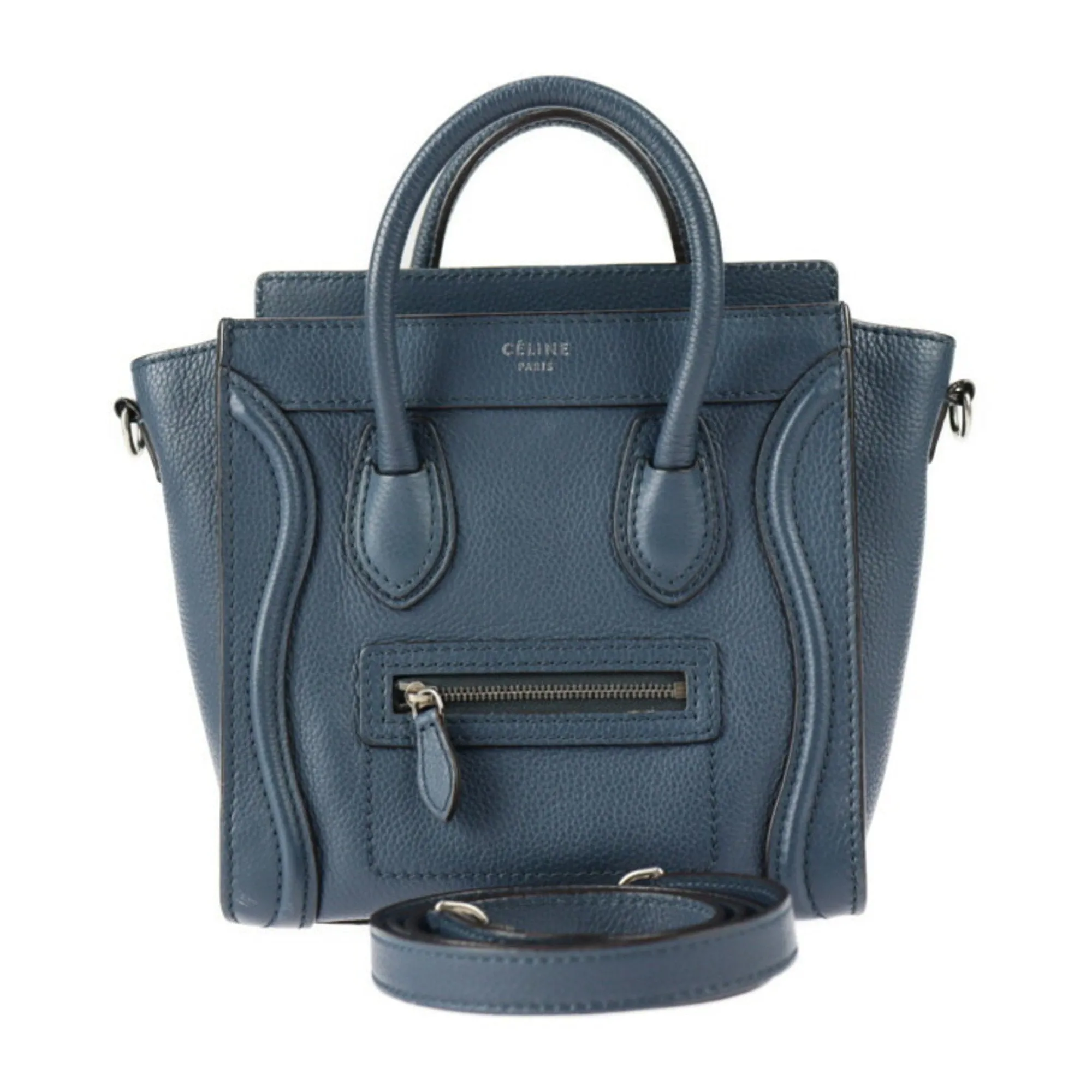 Celine Luggage Nano Shopper Handbag 168243 Leather Navy Silver Hardware 2WAY Shoulder Bag
