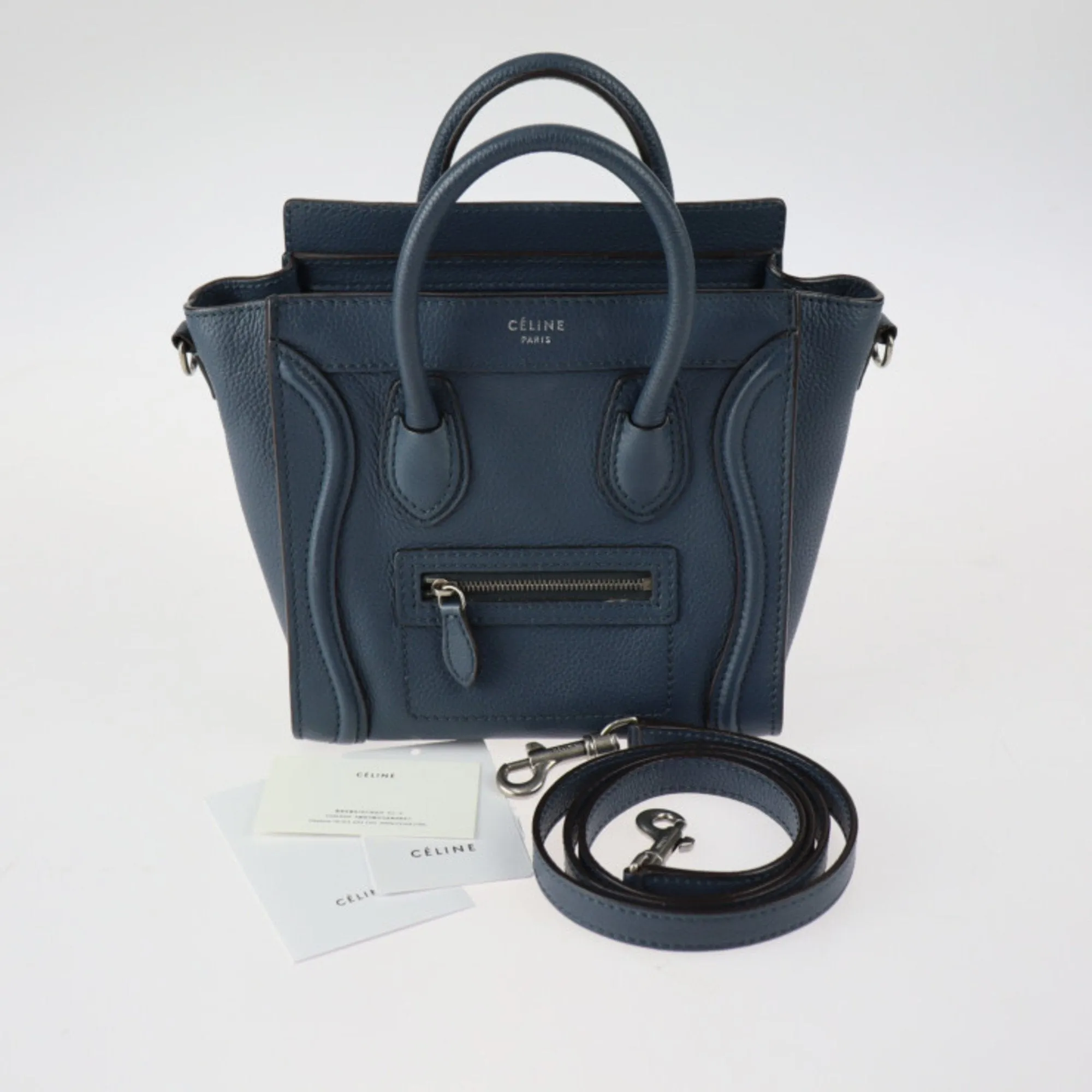 Celine Luggage Nano Shopper Handbag 168243 Leather Navy Silver Hardware 2WAY Shoulder Bag