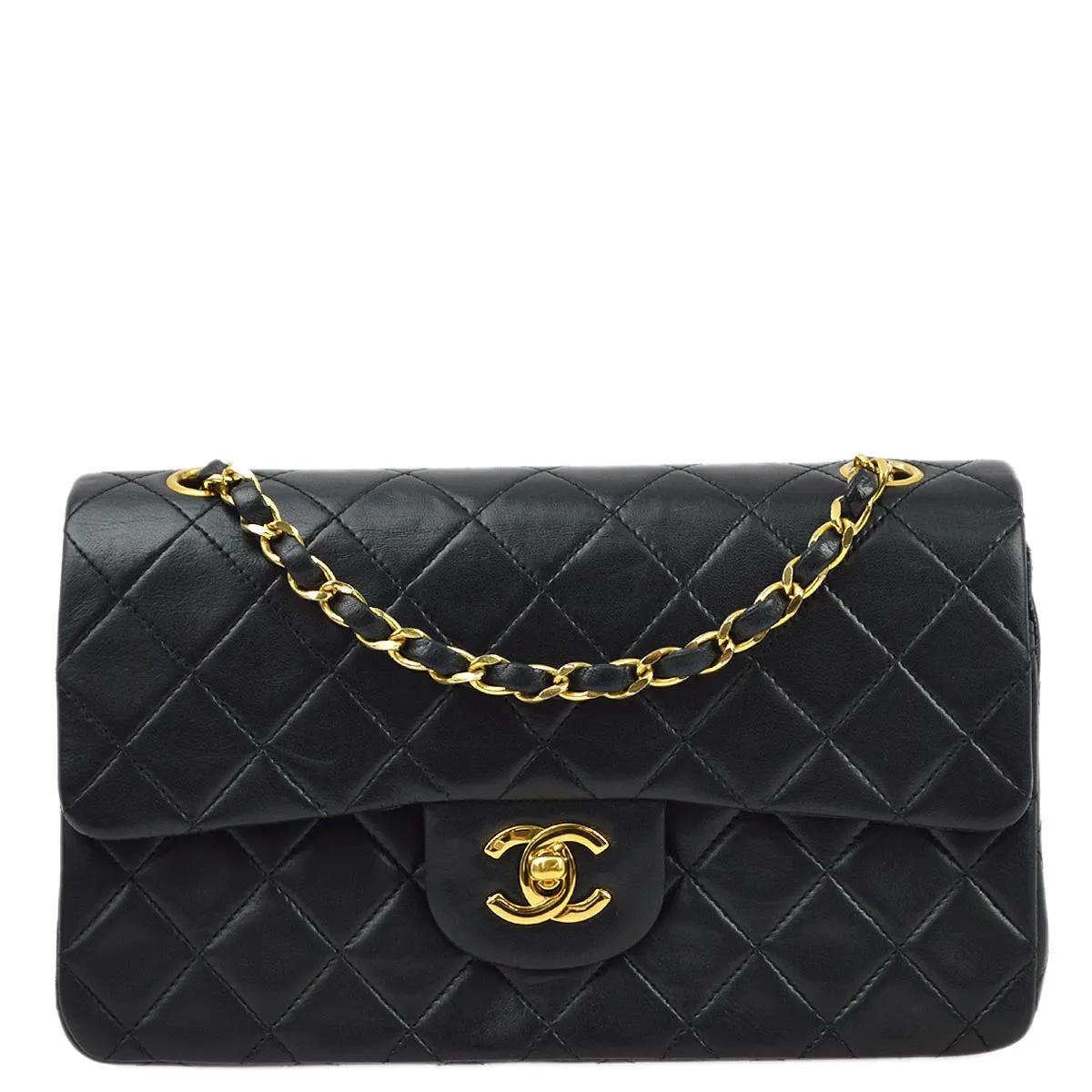 Chanel 1986-1988 Black Lambskin Small Classic Double Flap Shoulder Bag