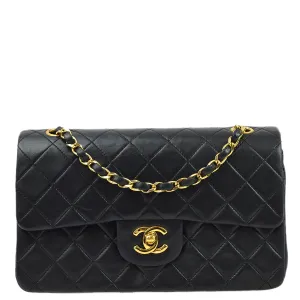 Chanel 1986-1988 Black Lambskin Small Classic Double Flap Shoulder Bag