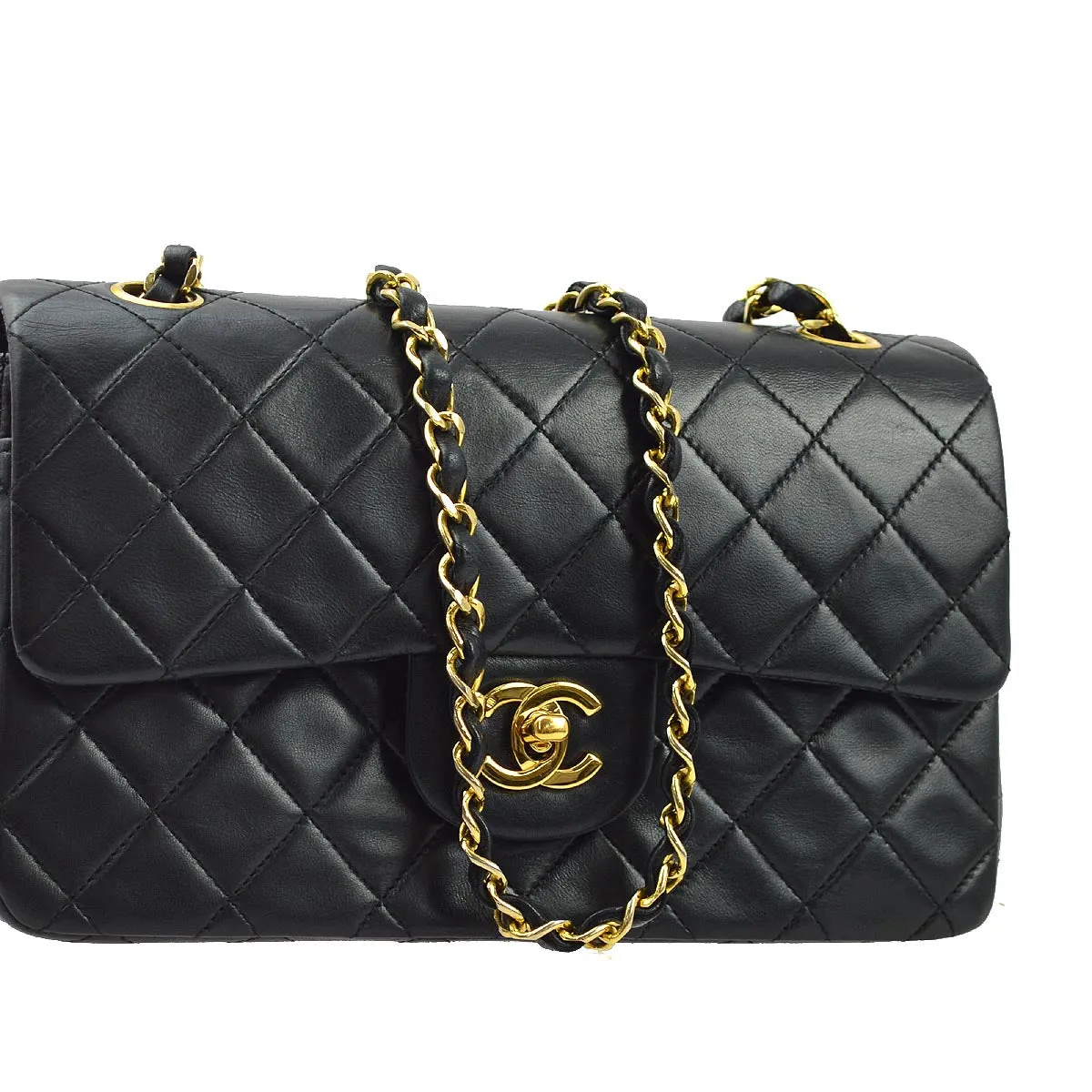Chanel 1986-1988 Black Lambskin Small Classic Double Flap Shoulder Bag