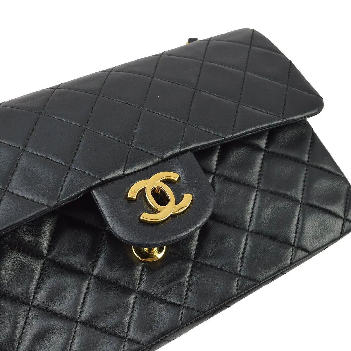 Chanel 1986-1988 Black Lambskin Small Classic Double Flap Shoulder Bag
