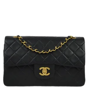 Chanel 1991-1994 Black Lambskin Small Classic Double Flap Shoulder Bag