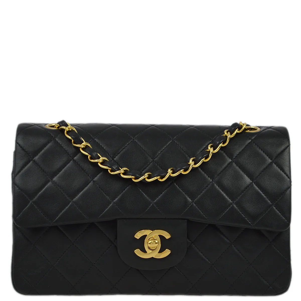 Chanel 1991-1994 Black Lambskin Small Classic Double Flap Shoulder Bag