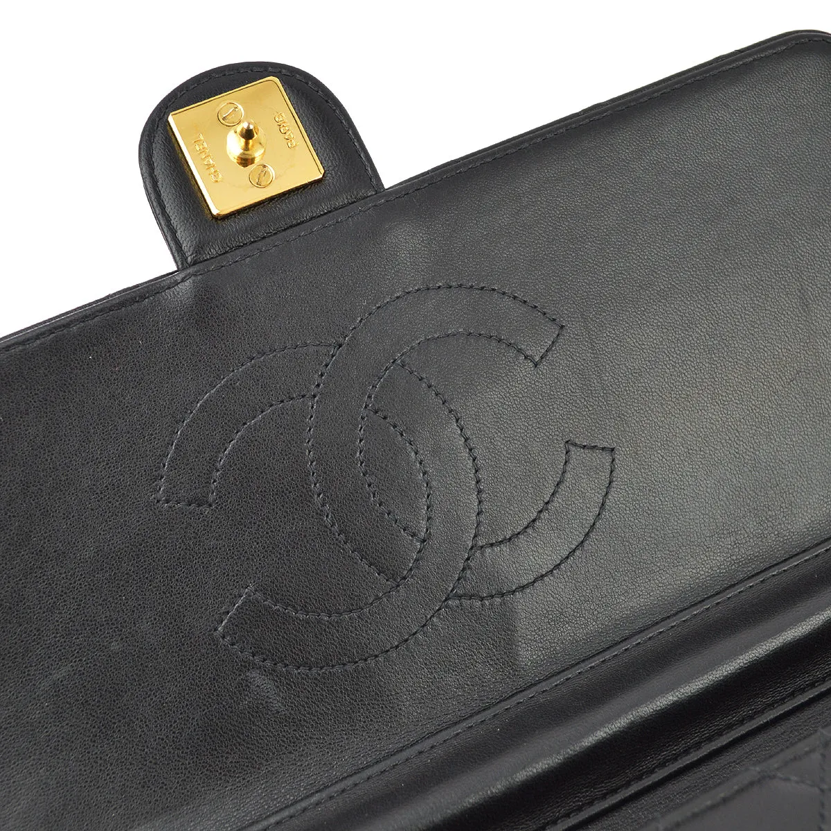 Chanel 1996-1997 Black Lambskin Pushlock Medium Half Flap Shoulder Bag