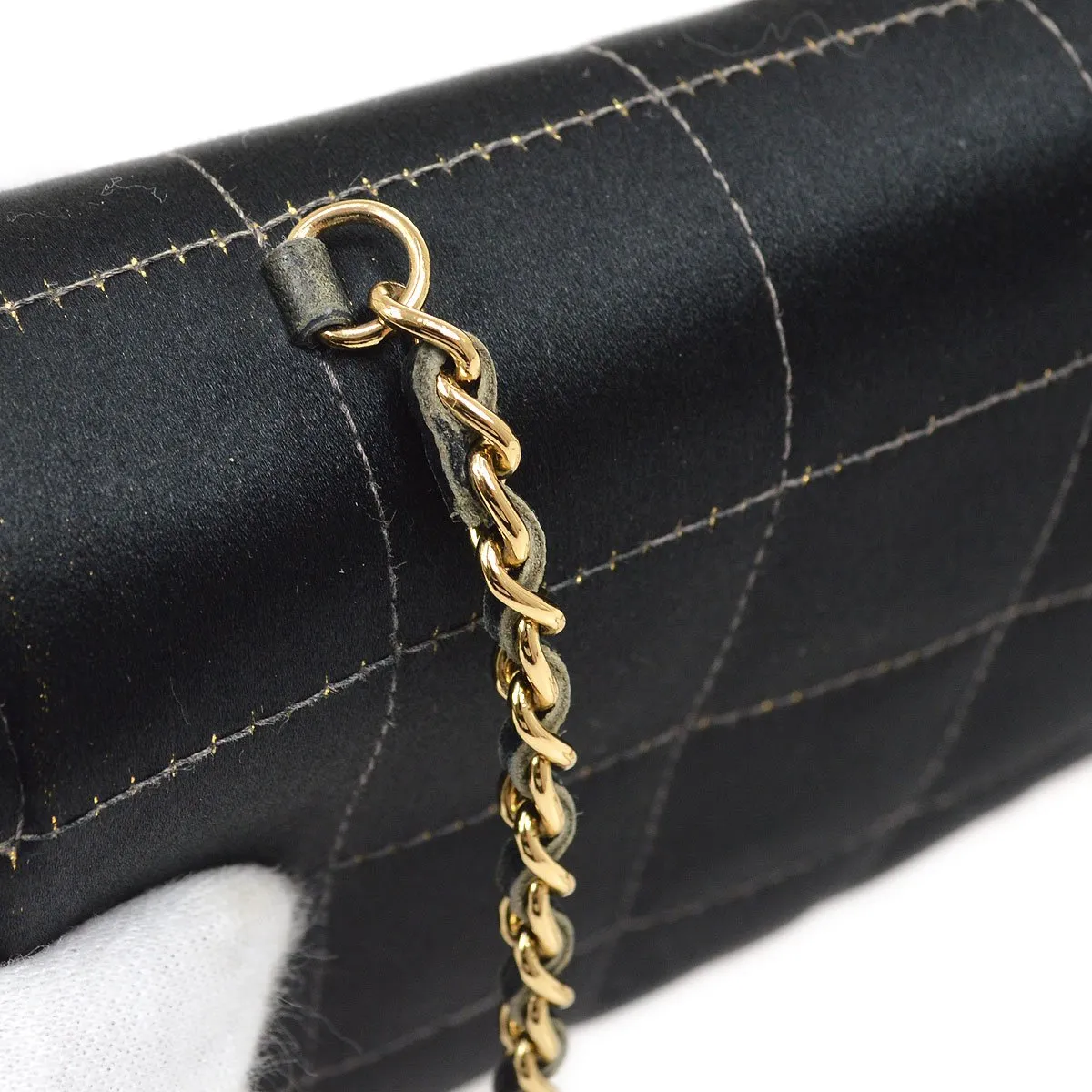 CHANEL 2003-2004 Camellia Choco Bar Chain Shoulder Bag Black Satin 00704
