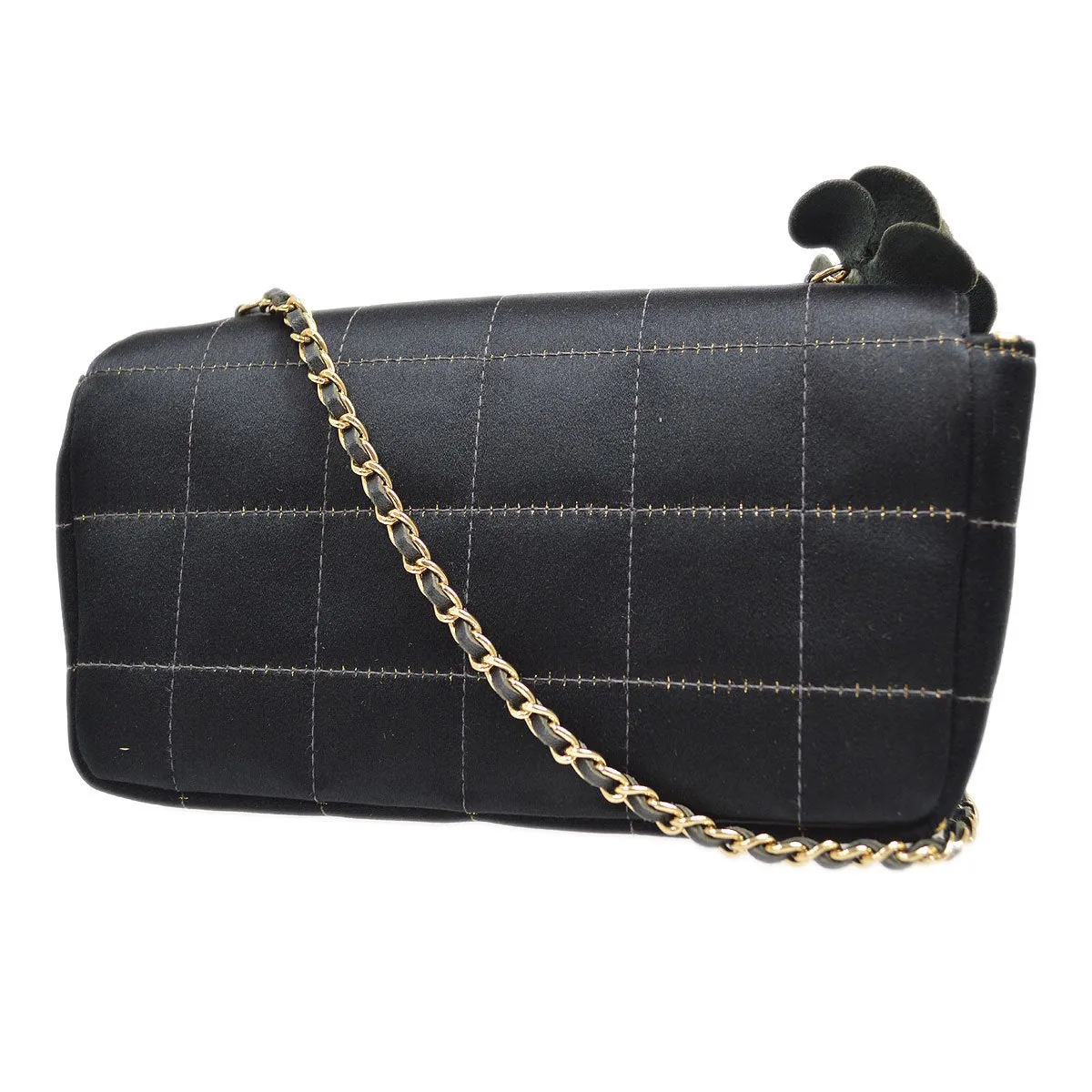 CHANEL 2003-2004 Camellia Choco Bar Chain Shoulder Bag Black Satin 00704