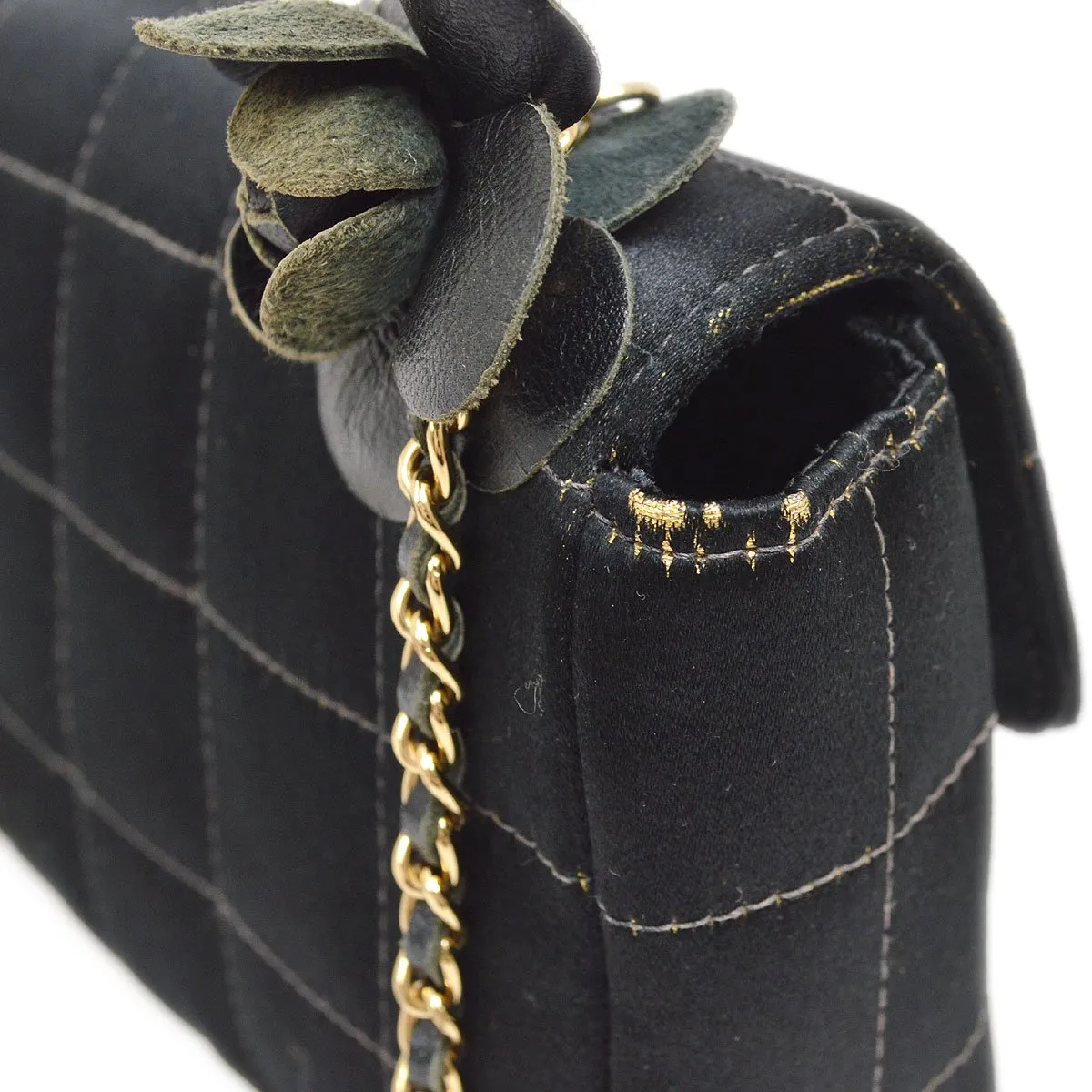 CHANEL 2003-2004 Camellia Choco Bar Chain Shoulder Bag Black Satin 00704