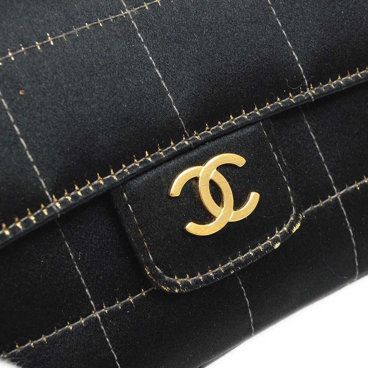 CHANEL 2003-2004 Camellia Choco Bar Chain Shoulder Bag Black Satin 00704