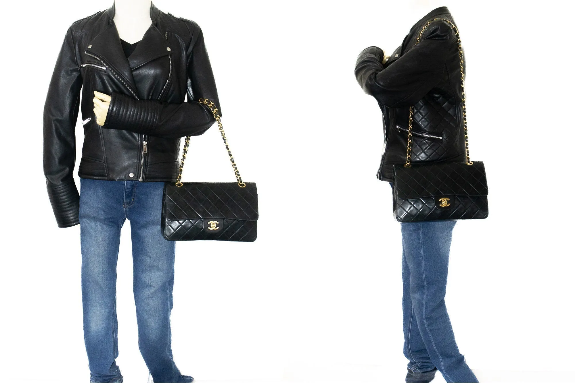 CHANEL Classic Double Flap 10" Chain Shoulder Bag Black Lambskin k03