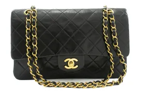 CHANEL Classic Double Flap 10" Chain Shoulder Bag Black Lambskin k03