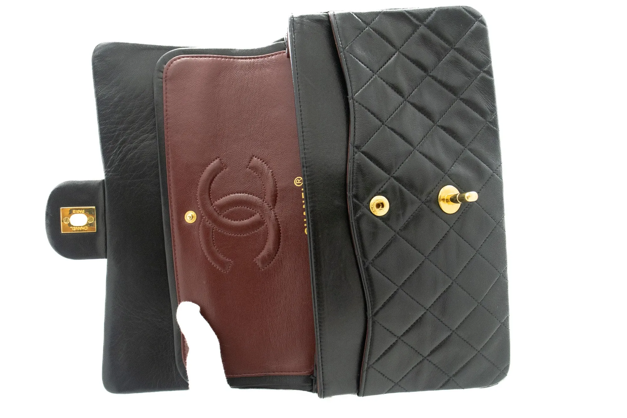 CHANEL Classic Double Flap 10" Chain Shoulder Bag Black Lambskin k03