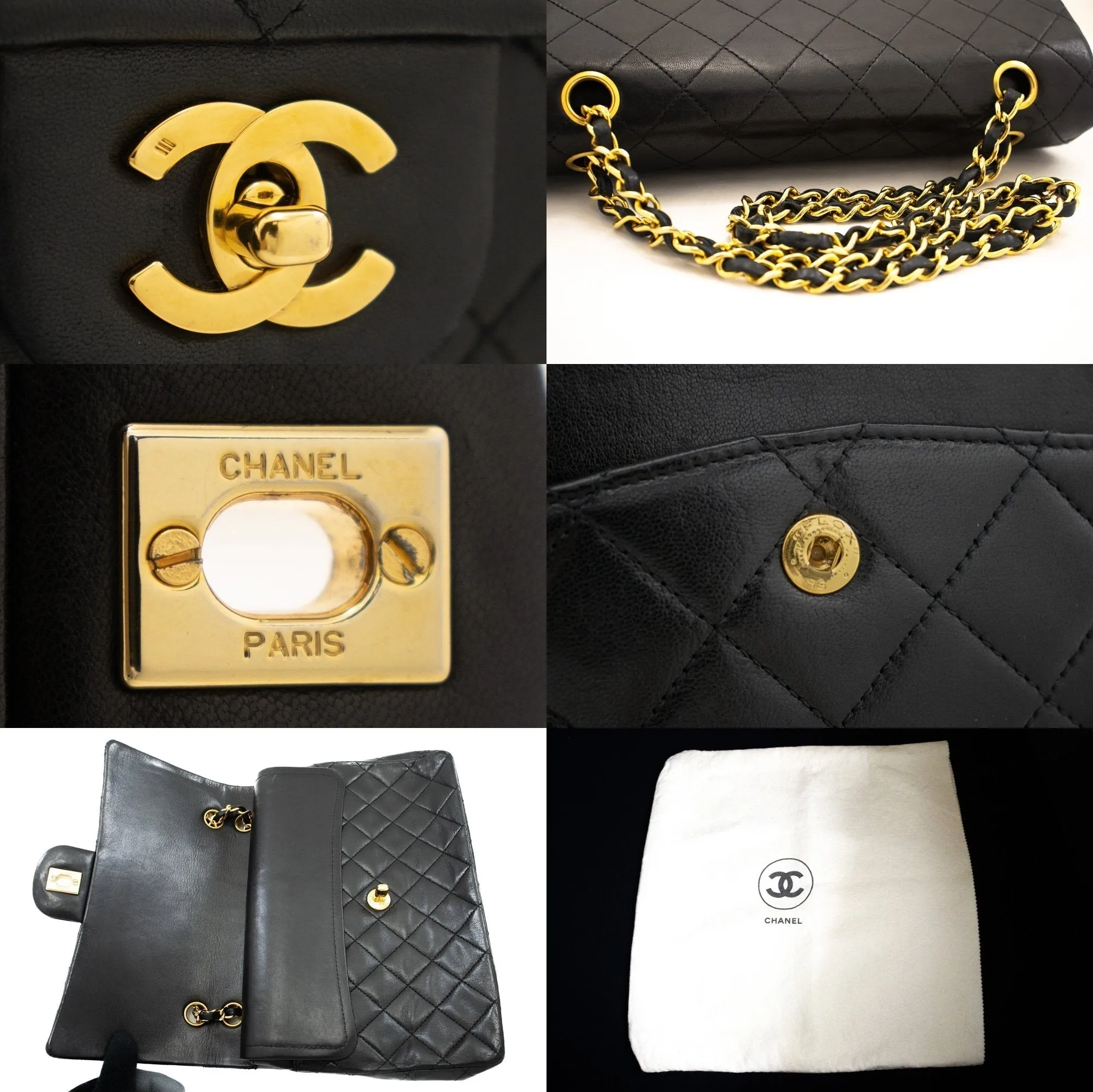 CHANEL Classic Double Flap Chain Shoulder Bag Black Lambskin Purse k88