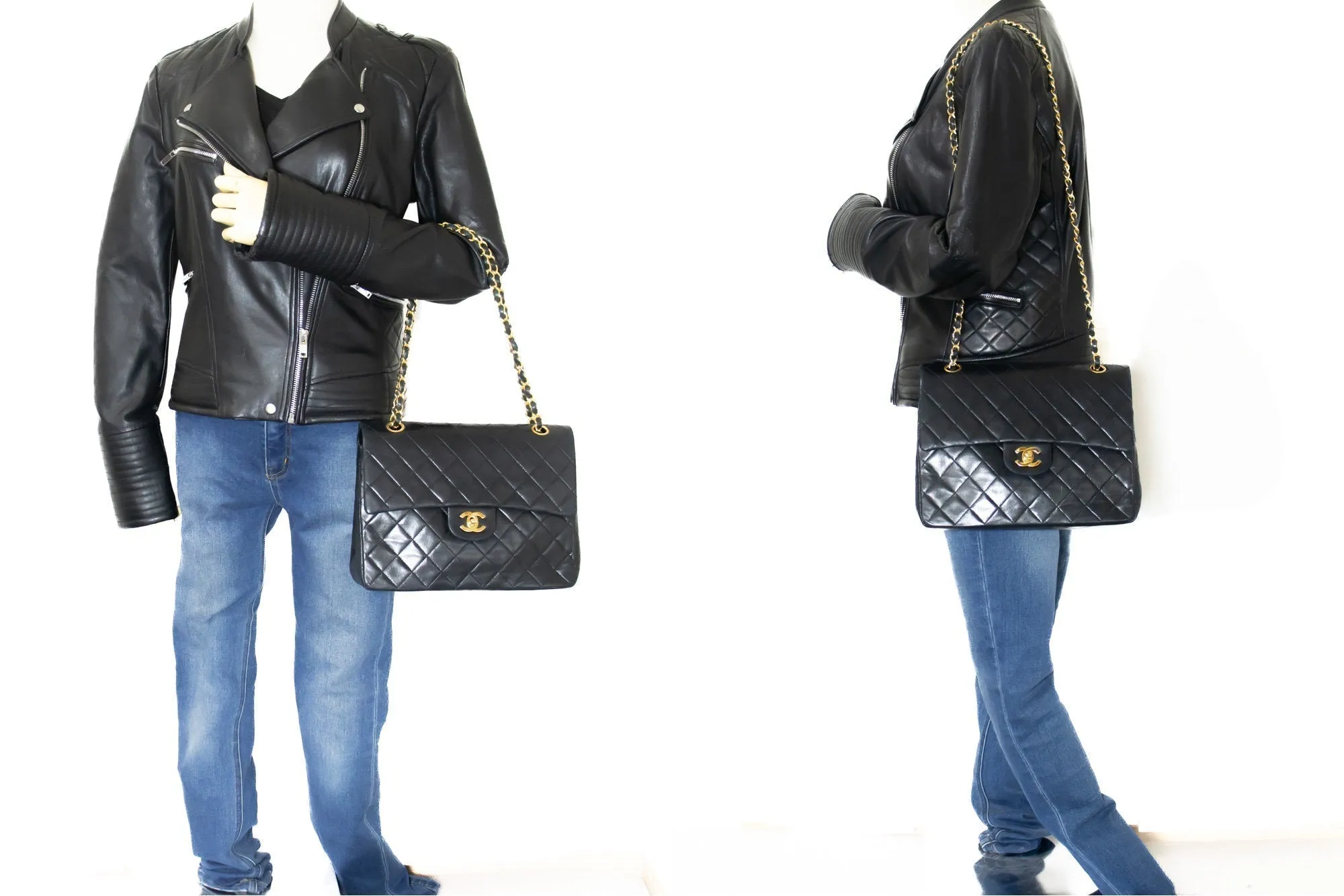 CHANEL Classic Double Flap Chain Shoulder Bag Black Lambskin Purse k88