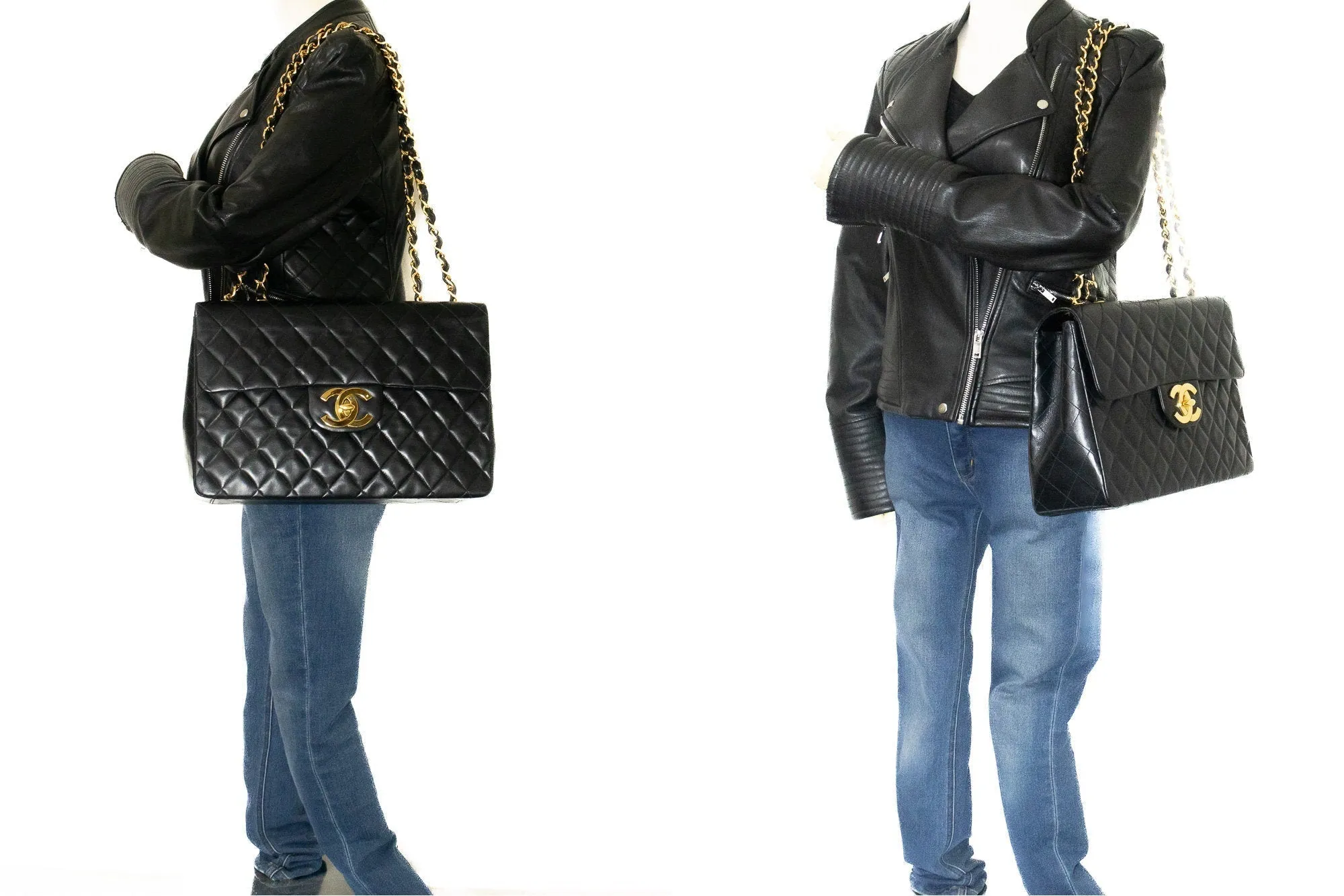 CHANEL Classic Large 13" Flap Chain Shoulder Bag Black Lambskin j63