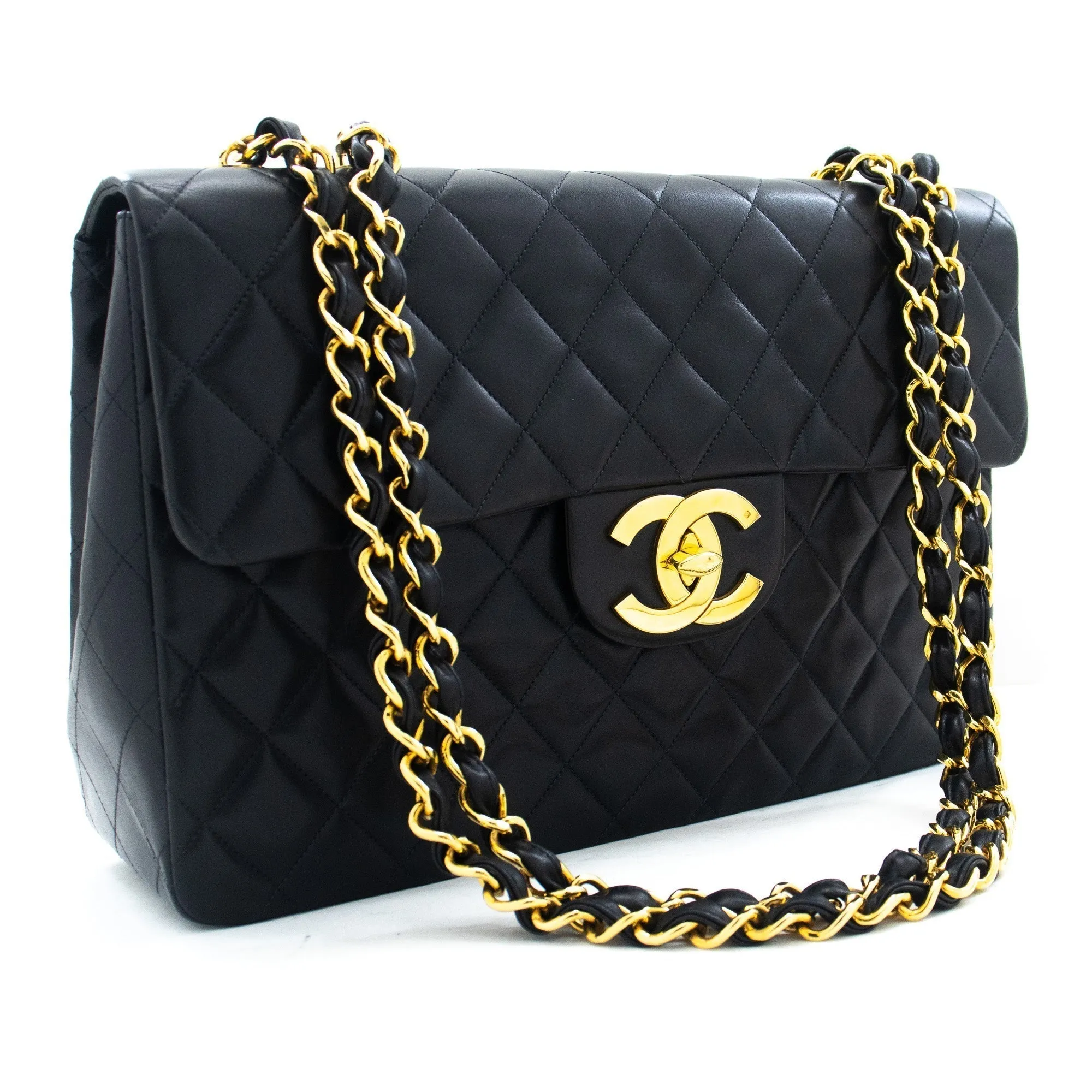 CHANEL Classic Large 13" Flap Chain Shoulder Bag Black Lambskin j63