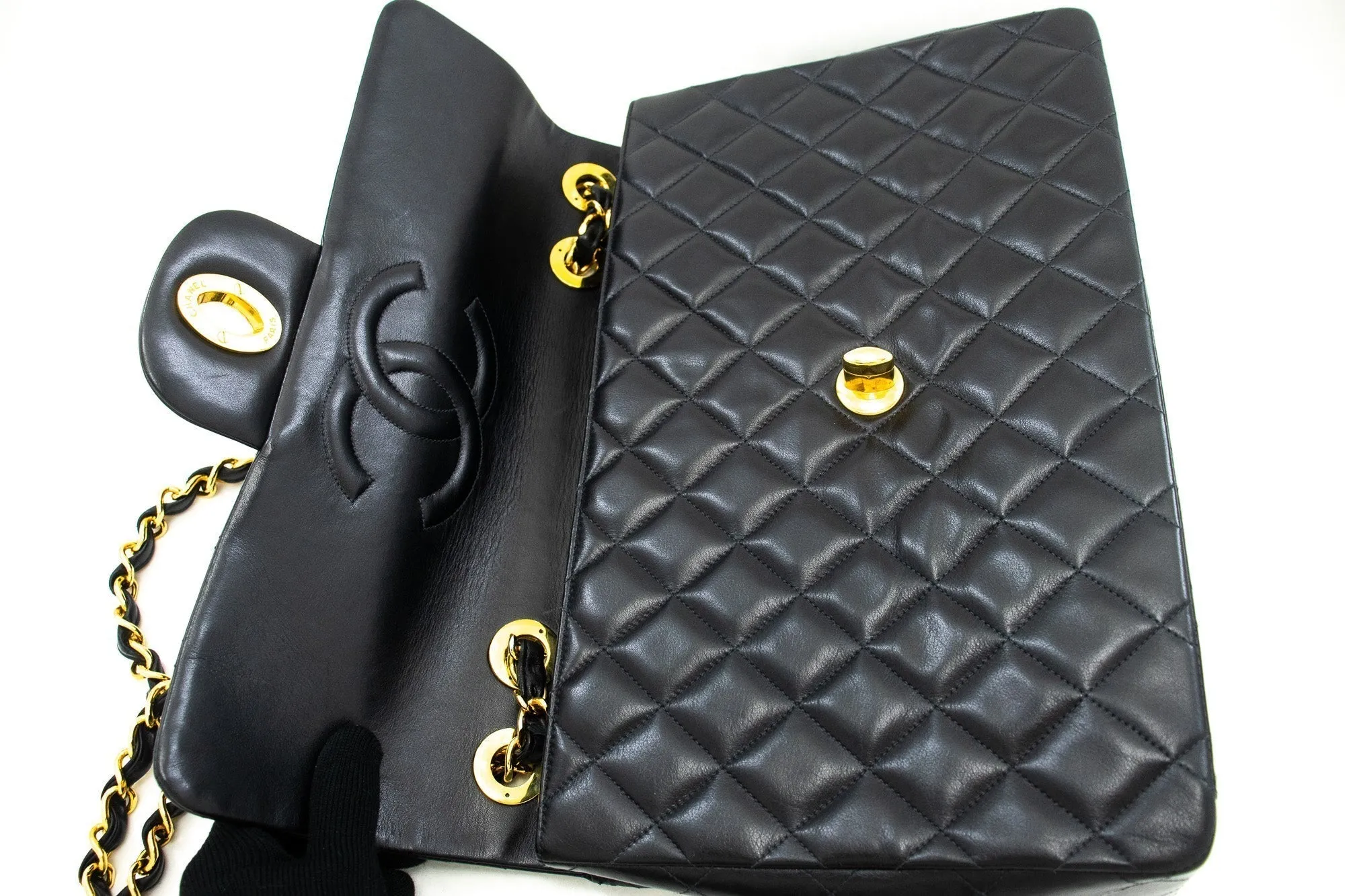 CHANEL Classic Large 13" Flap Chain Shoulder Bag Black Lambskin j63