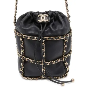 CHANEL Drawstring Bag Chain Shoulder Bag Black AS2314 Lambskin