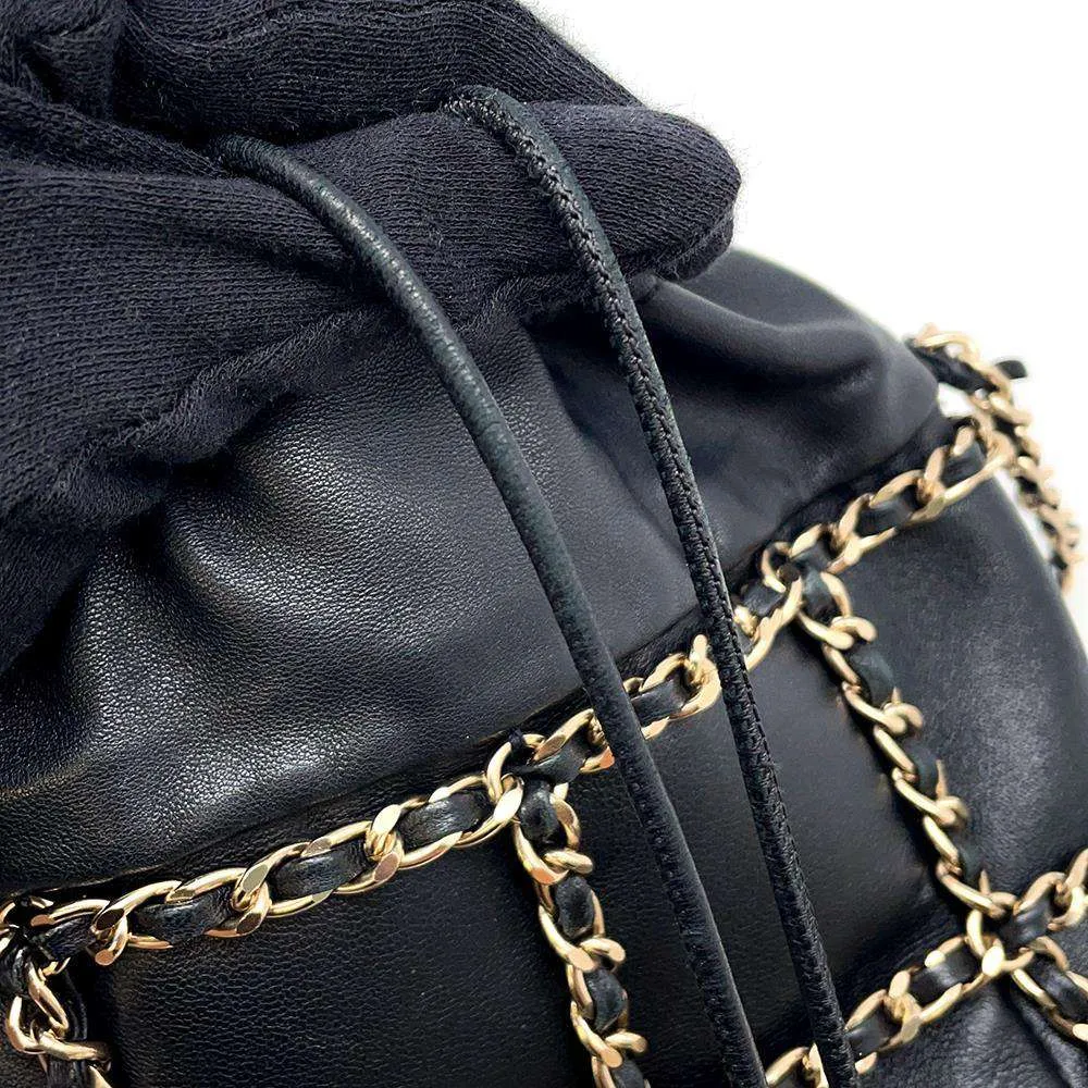 CHANEL Drawstring Bag Chain Shoulder Bag Black AS2314 Lambskin