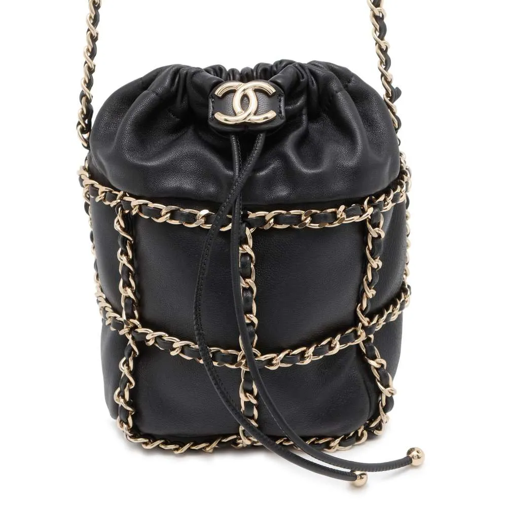 CHANEL Drawstring Bag Chain Shoulder Bag Black AS2314 Lambskin