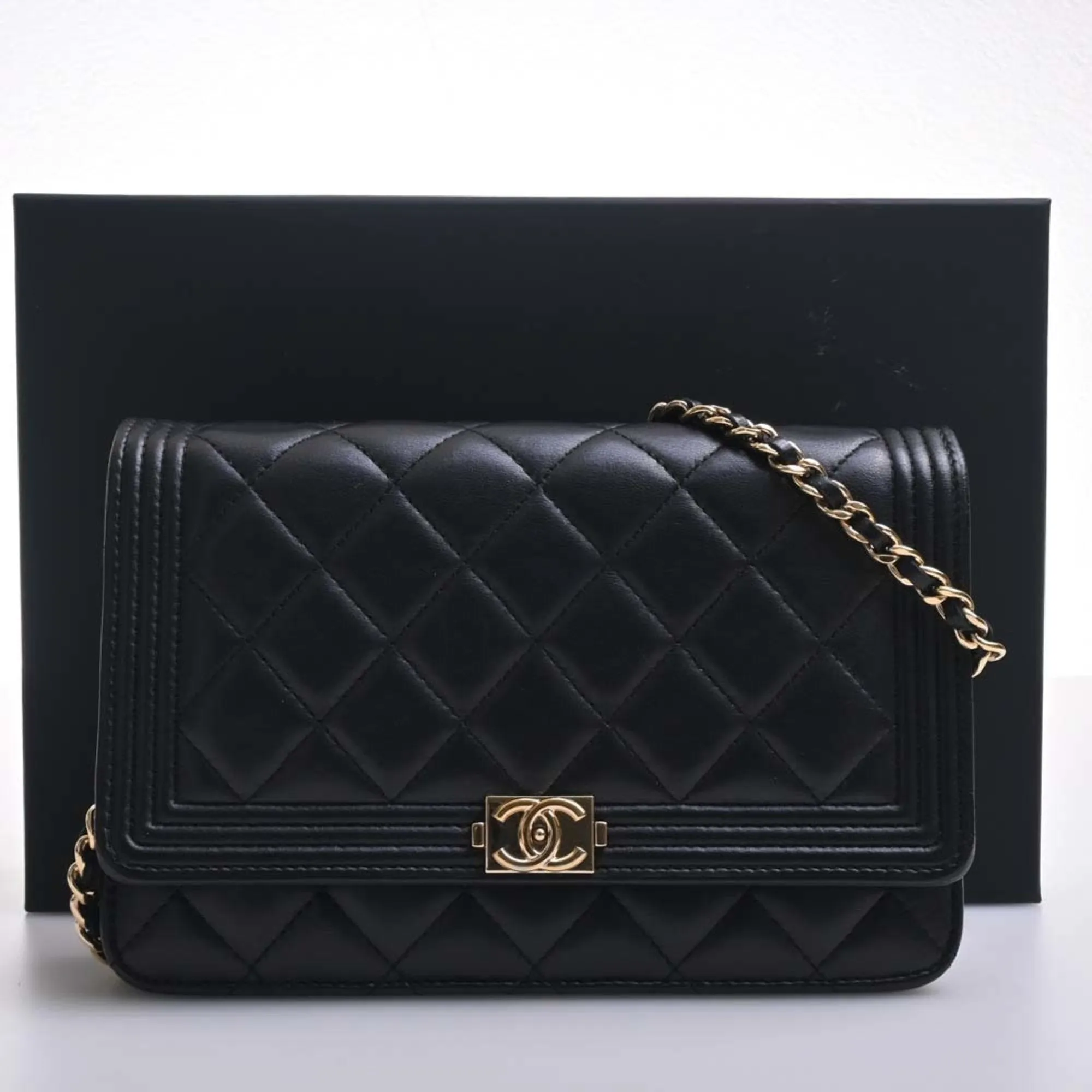 CHANEL Leather Boy  Coco Mark Chain Shoulder Long Wallet Black Ladies