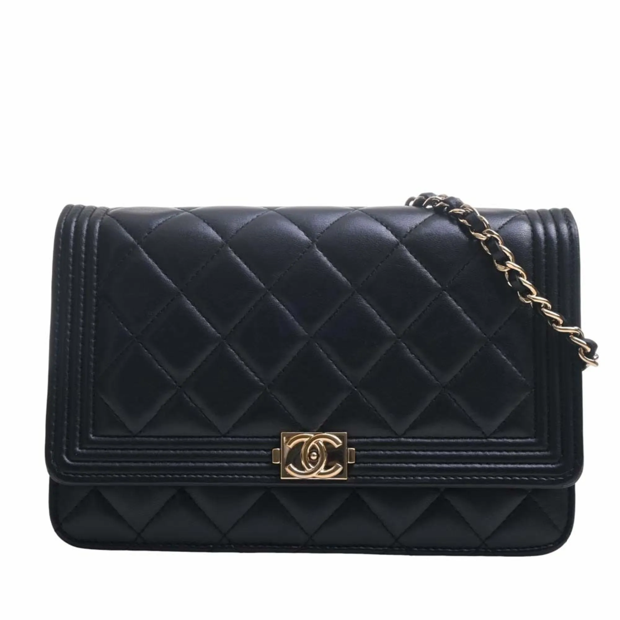 CHANEL Leather Boy  Coco Mark Chain Shoulder Long Wallet Black Ladies