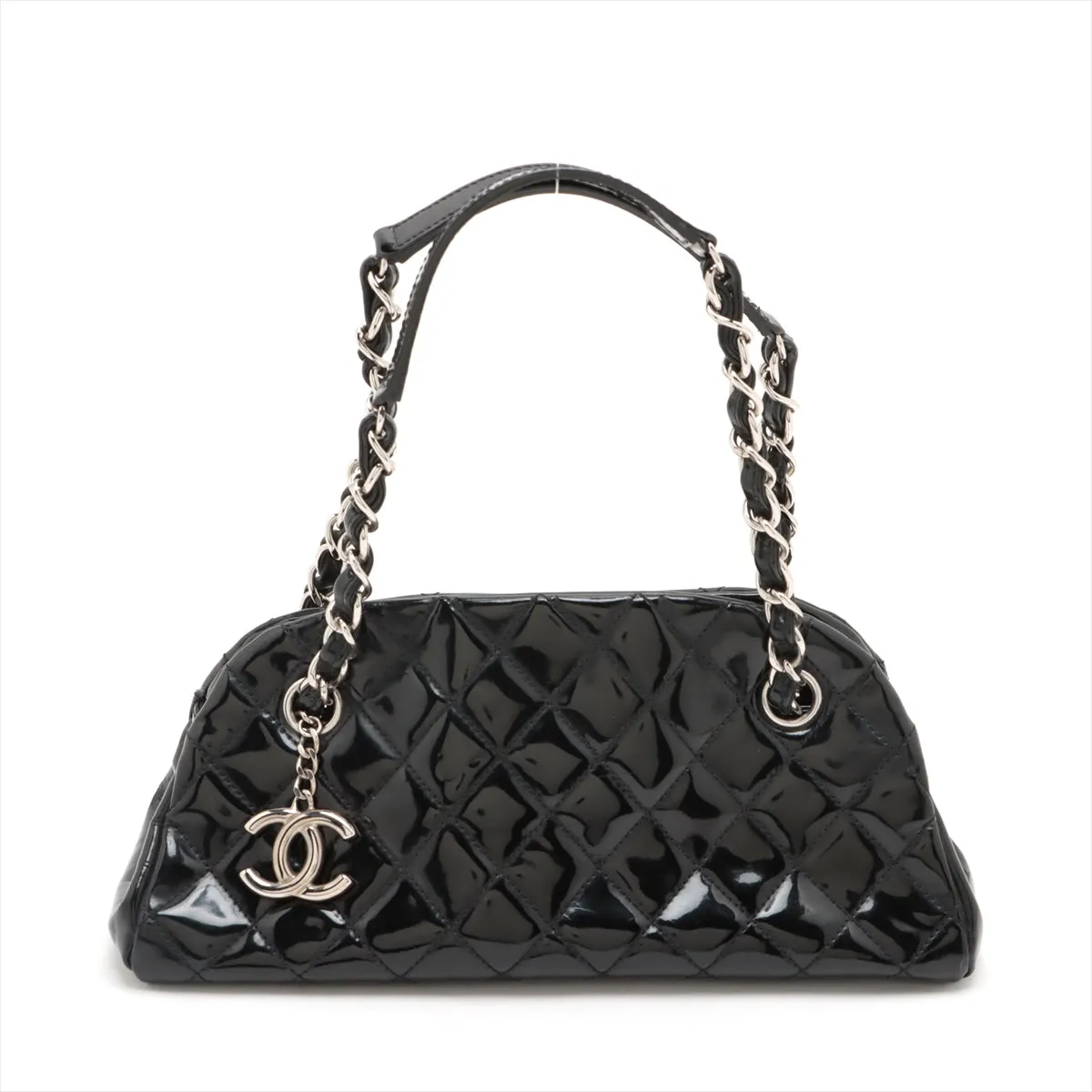 Chanel Mademoiselle Patent Leather Chain Shoulder Bag Black Silver G  14th