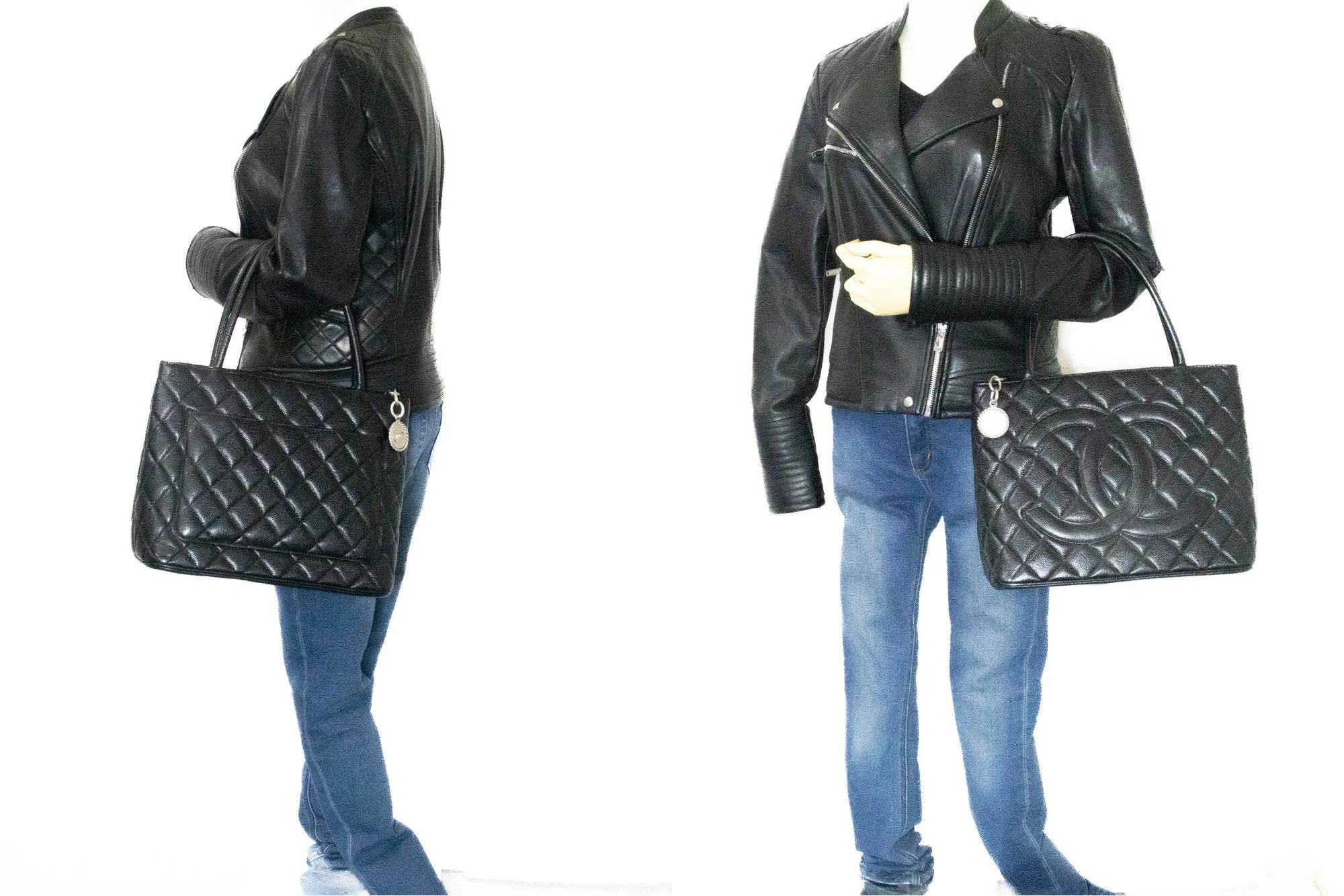 CHANEL Silver Medallion Caviar Shoulder Bag Grand Shopping Tote i75