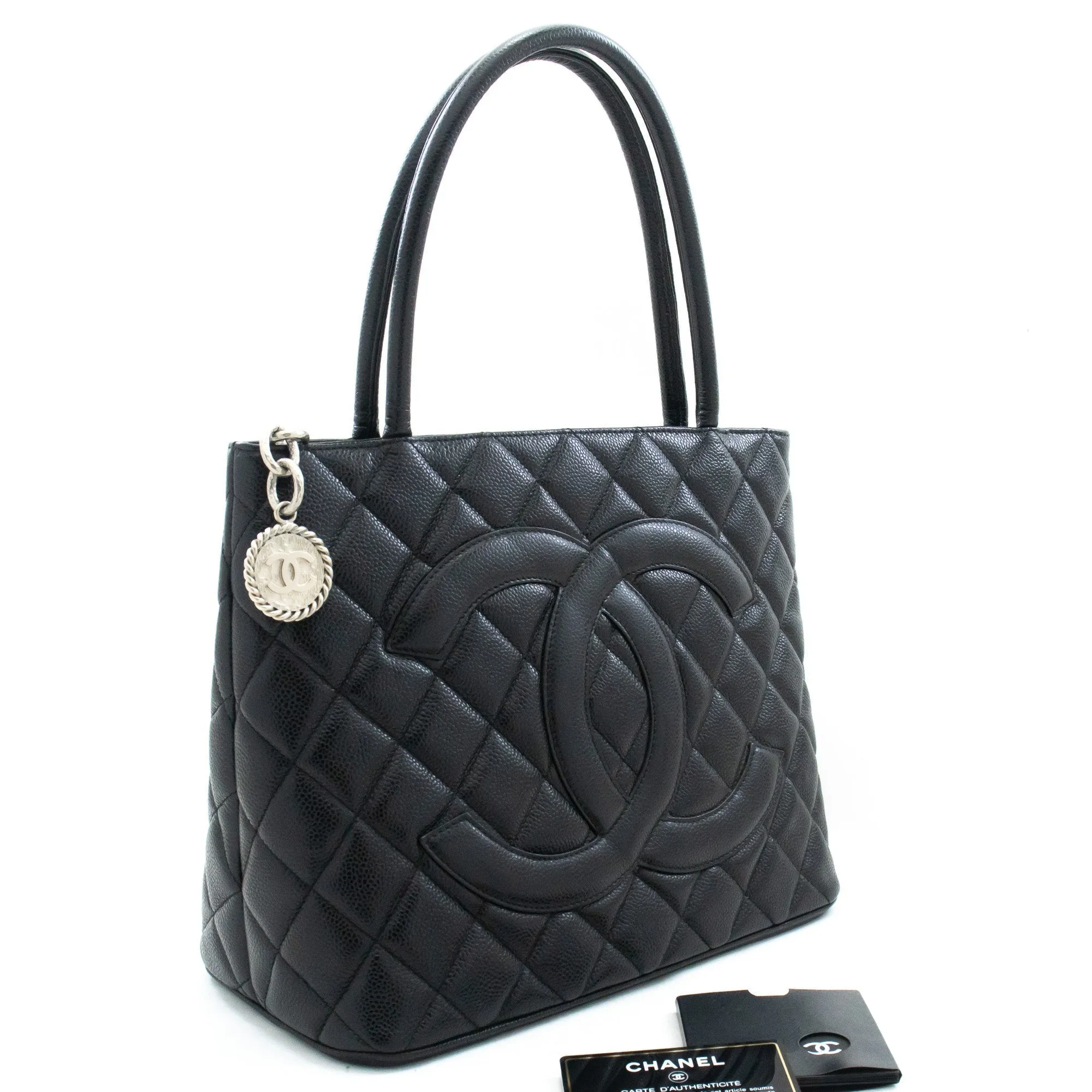 CHANEL Silver Medallion Caviar Shoulder Bag Grand Shopping Tote i75