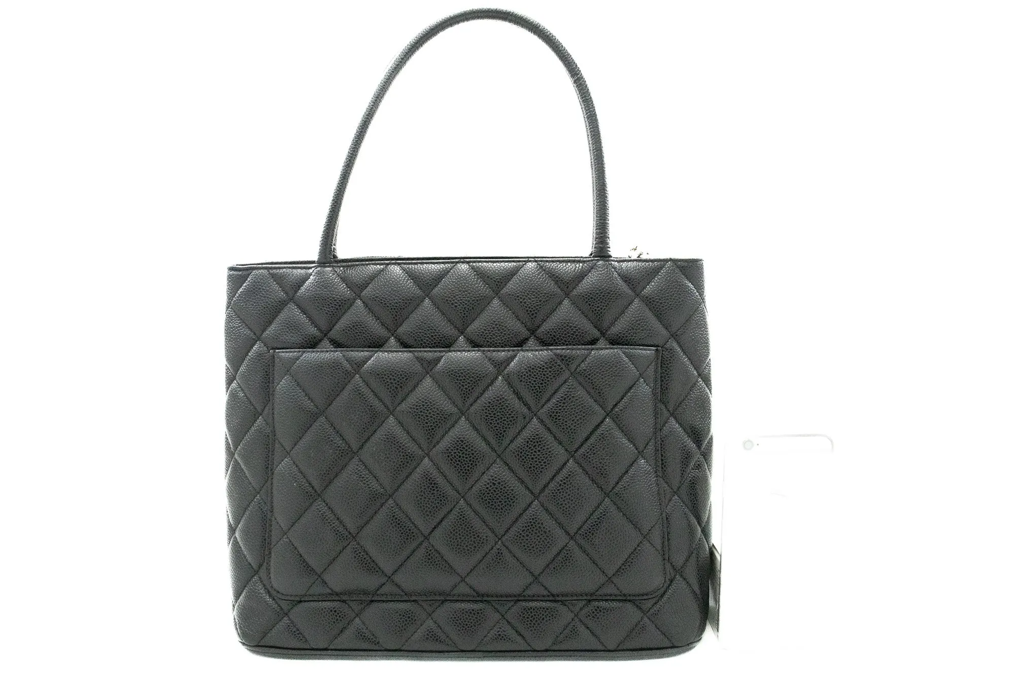 CHANEL Silver Medallion Caviar Shoulder Bag Grand Shopping Tote i75