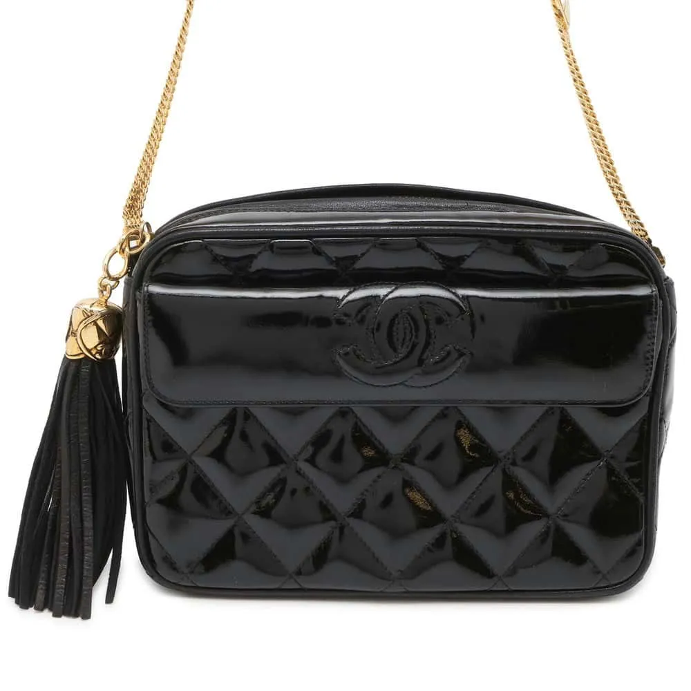 CHANEL Tassel ChainShoulder Bag Black Patent Leather Leather Size Mini