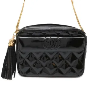 CHANEL Tassel ChainShoulder Bag Black Patent Leather Leather Size Mini