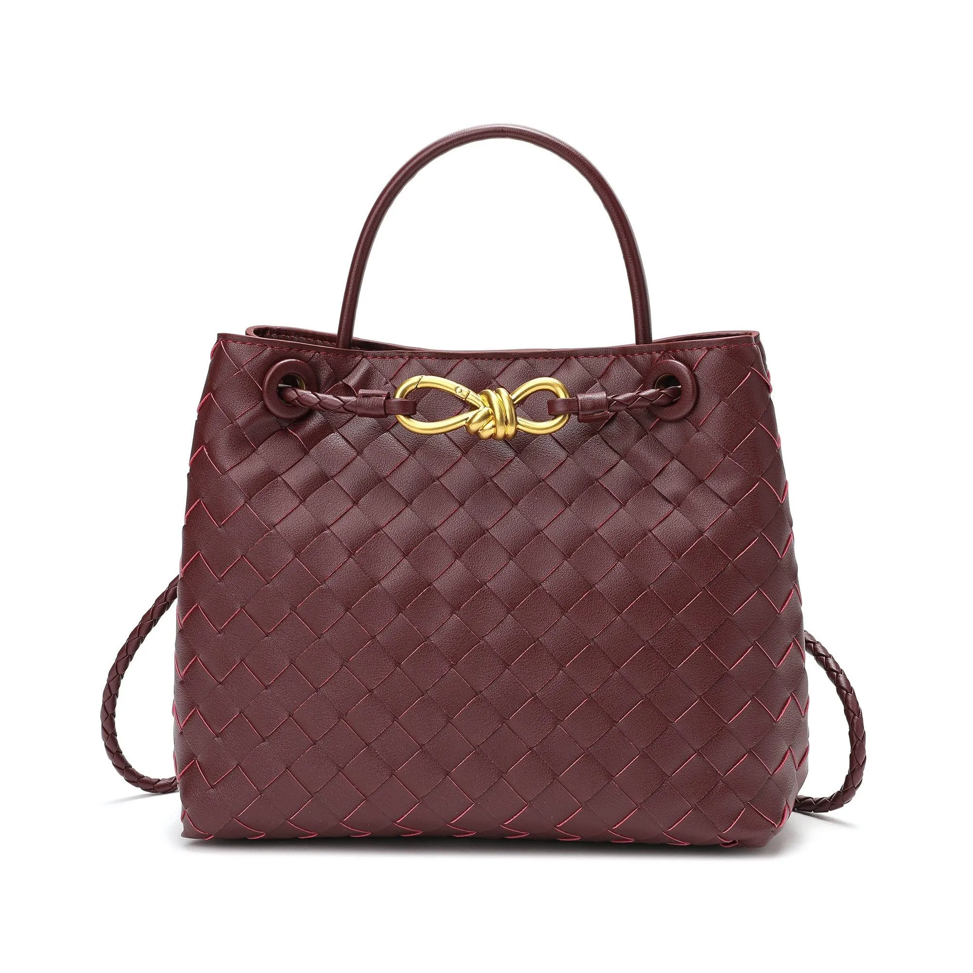 Cowhide Leather Knotted Intrecciato Shoulder Bag | Woven Handbag With Metal Buckle, Daily Fashion Designer Bag, Woven Shoulder Purse