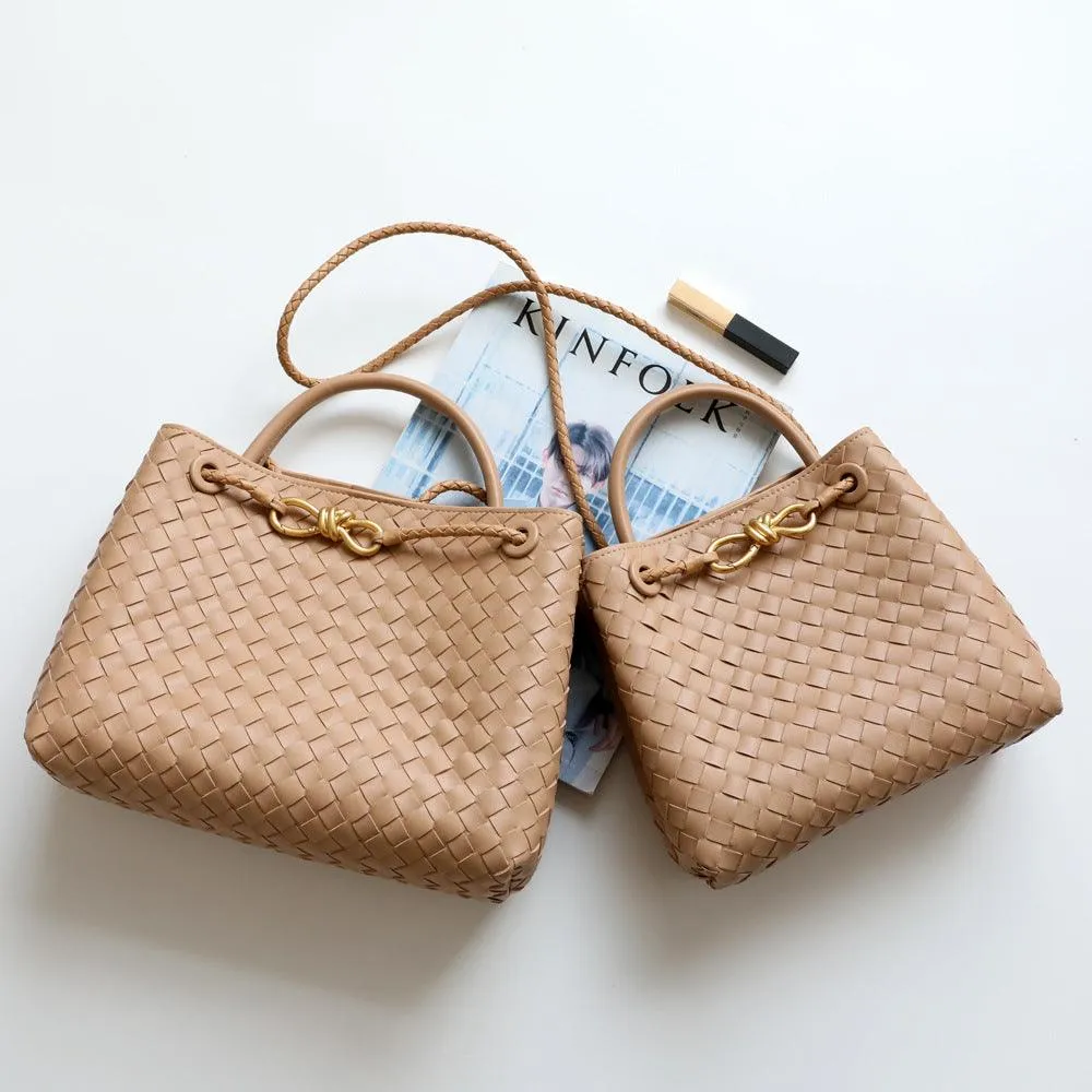 Cowhide Leather Knotted Intrecciato Shoulder Bag | Woven Handbag With Metal Buckle, Daily Fashion Designer Bag, Woven Shoulder Purse