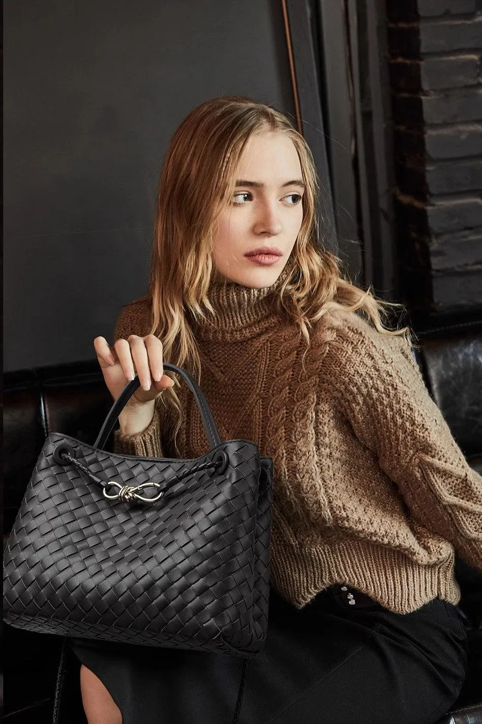 Cowhide Leather Knotted Intrecciato Shoulder Bag | Woven Handbag With Metal Buckle, Daily Fashion Designer Bag, Woven Shoulder Purse