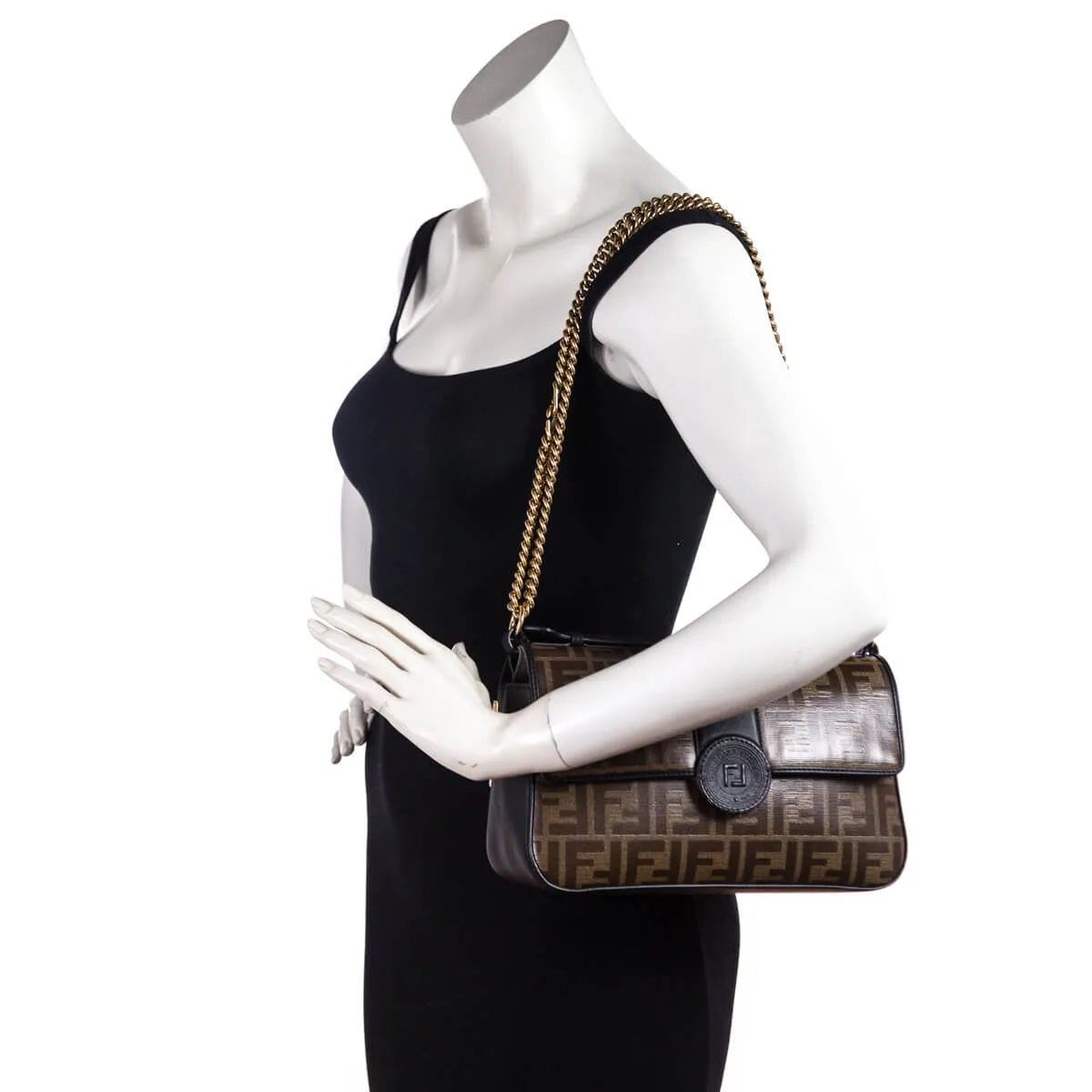 Fendi Black & Mogano Panna Calfskin Glazed Fabric FF 1974 Double F Shoulder Bag