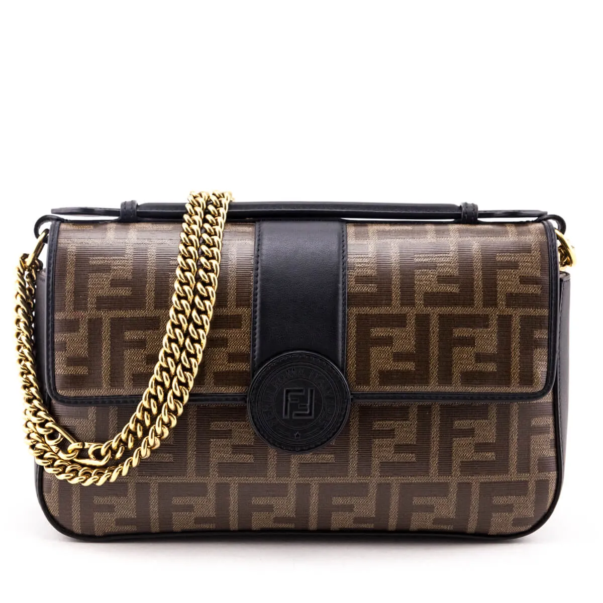 Fendi Black & Mogano Panna Calfskin Glazed Fabric FF 1974 Double F Shoulder Bag
