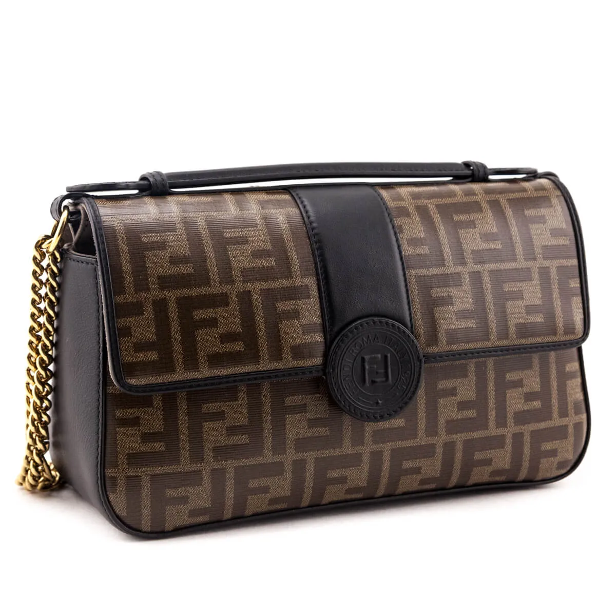 Fendi Black & Mogano Panna Calfskin Glazed Fabric FF 1974 Double F Shoulder Bag