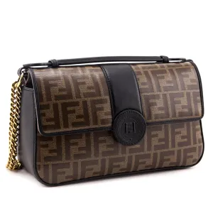 Fendi Black & Mogano Panna Calfskin Glazed Fabric FF 1974 Double F Shoulder Bag