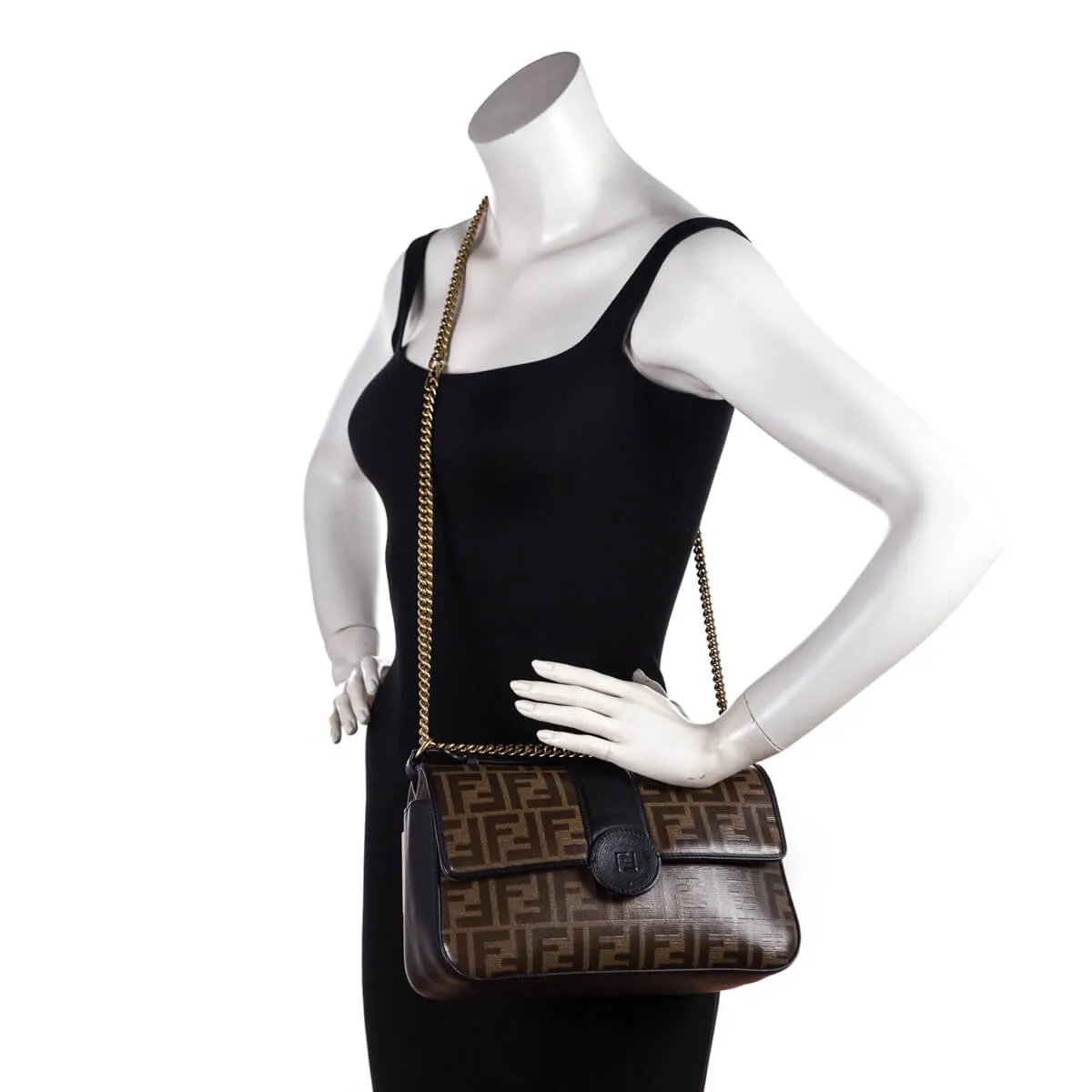 Fendi Black & Mogano Panna Calfskin Glazed Fabric FF 1974 Double F Shoulder Bag