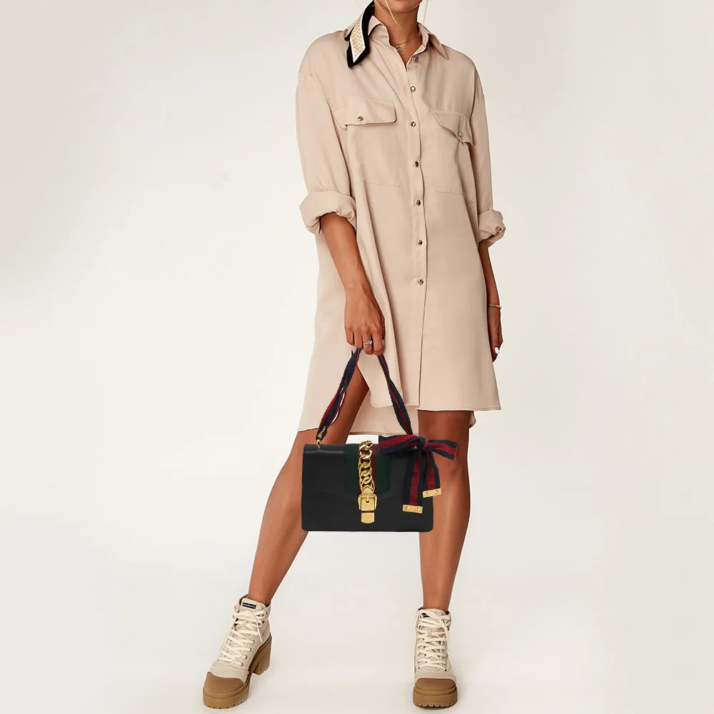 Gucci Black Leather Small Web Sylvie Shoulder Bag