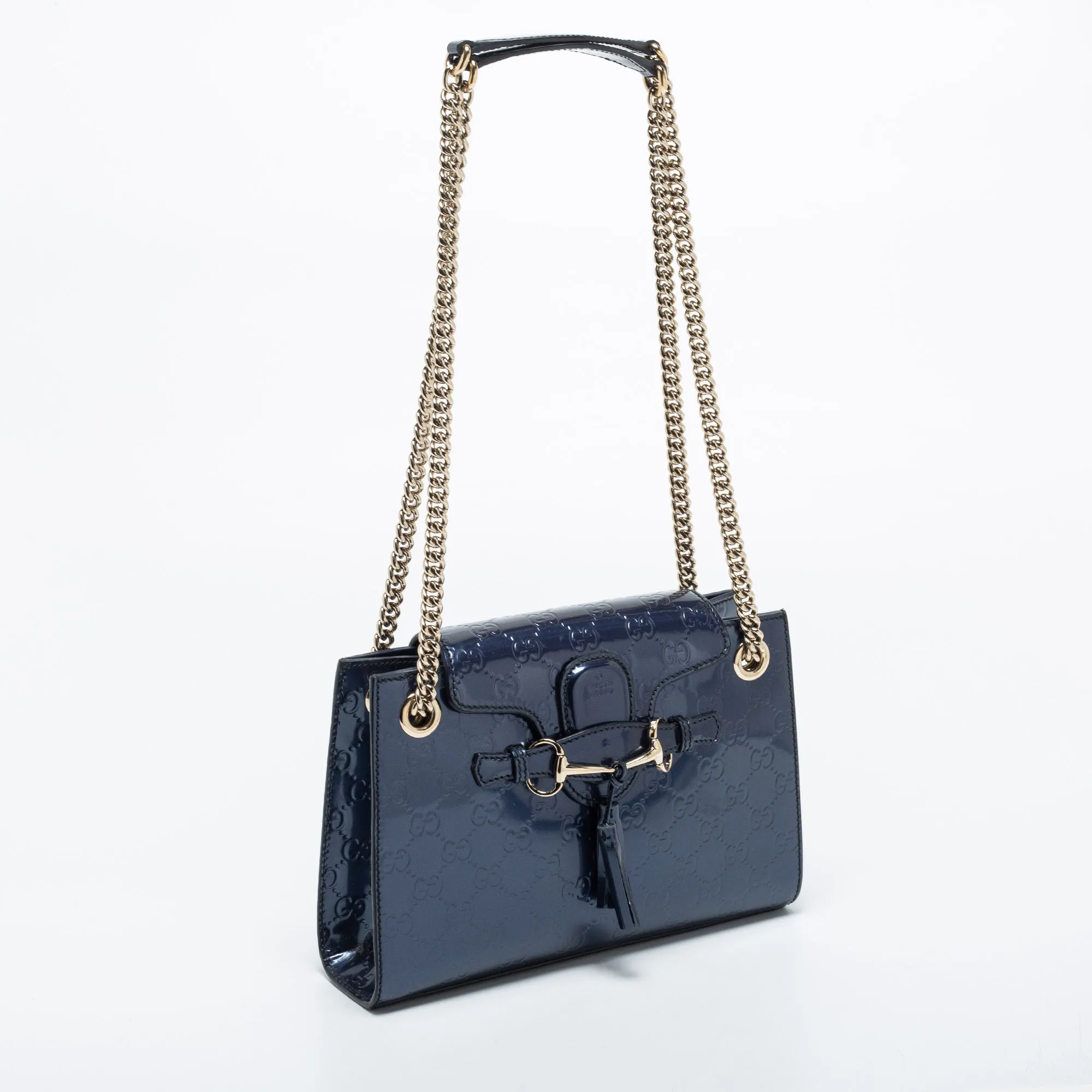 Gucci Blue Guccissima Patent Leather Small Emily Chain Shoulder Bag