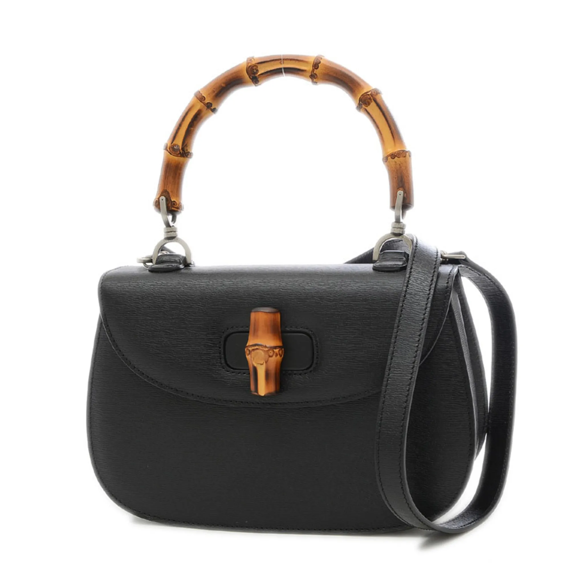 Gucci Classic Bamboo Top Handle Bag 2Way Shoulder Leather Black 409398