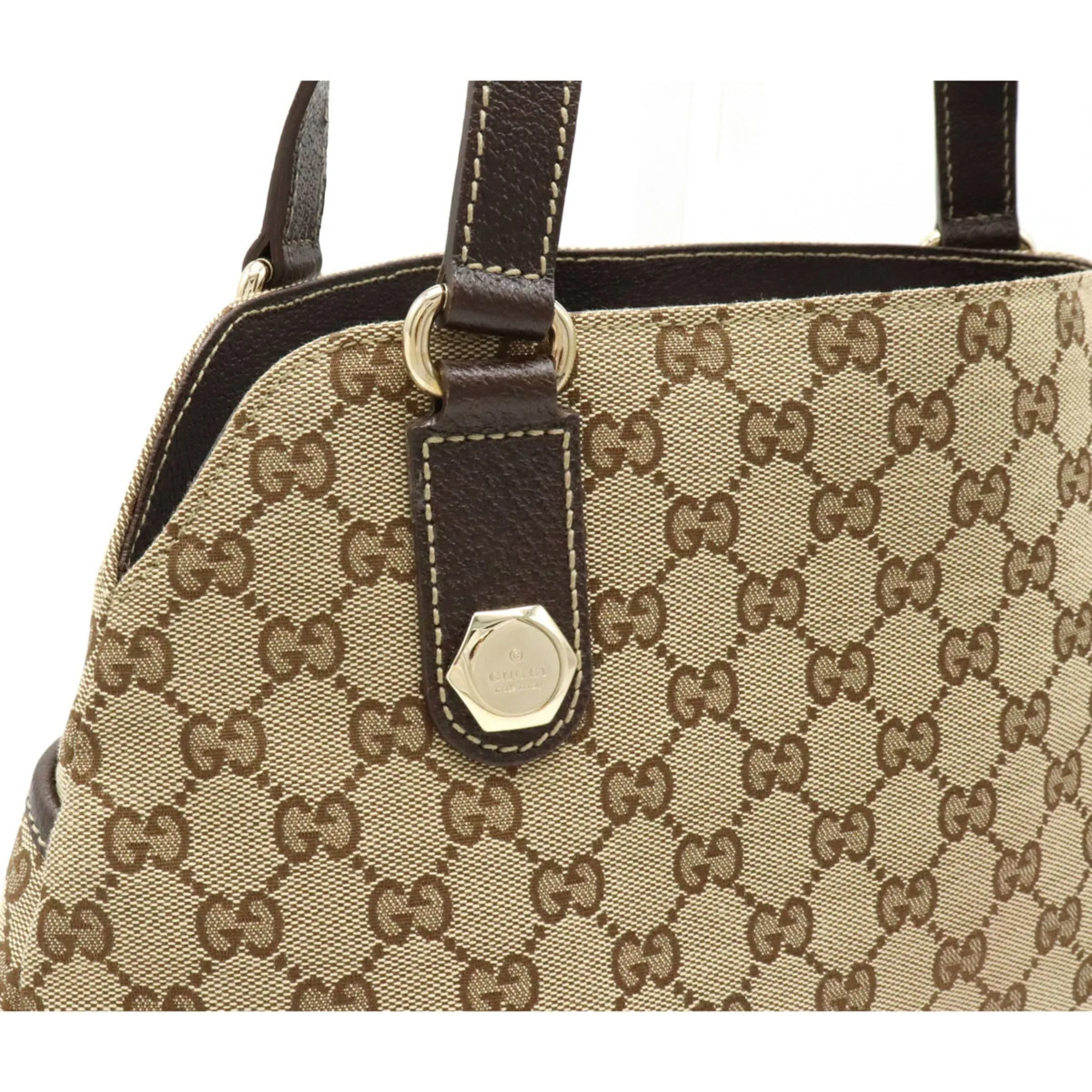Gucci GG canvas tote bag shoulder leather khaki beige dark brown 163288