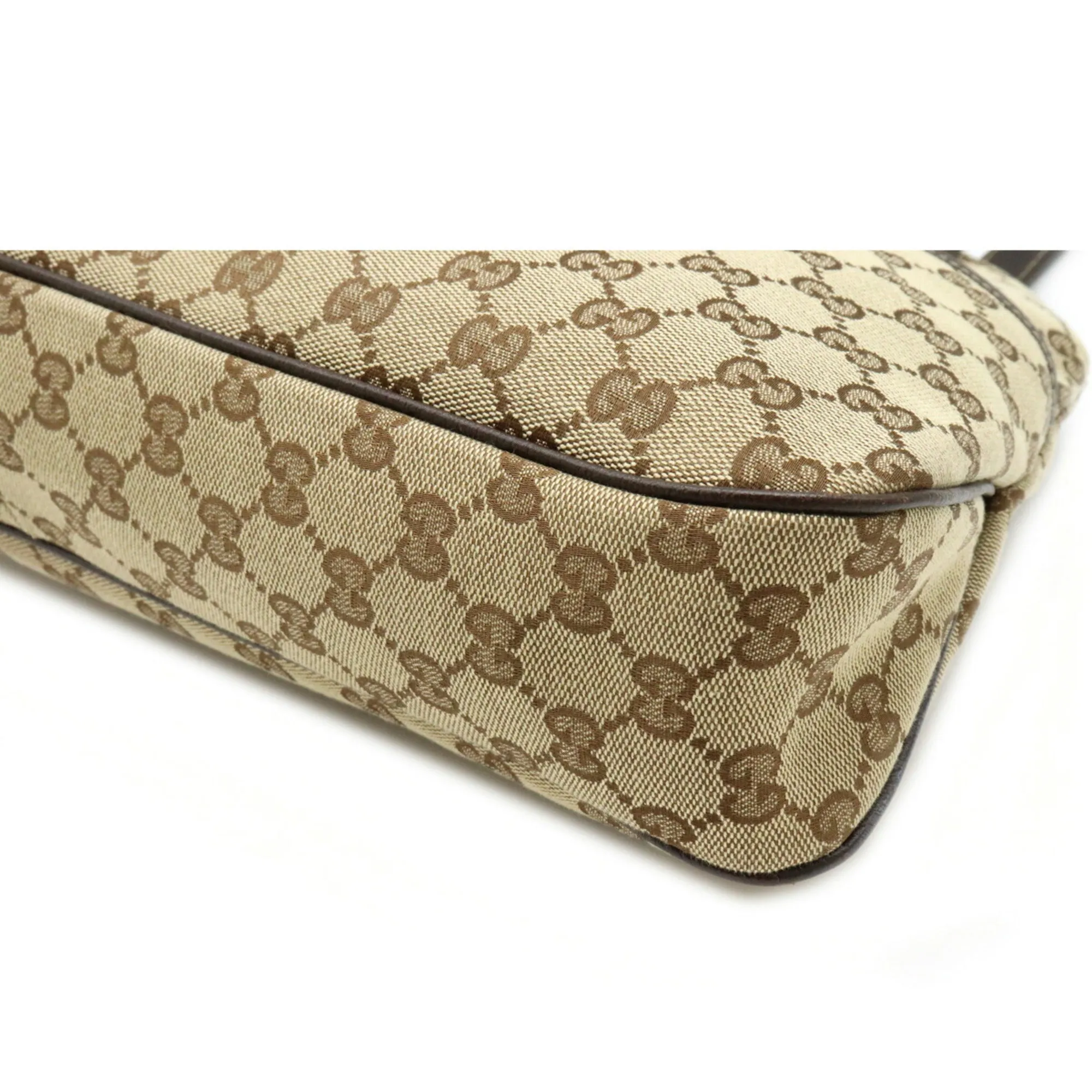 Gucci GG canvas tote bag shoulder leather khaki beige dark brown 163288