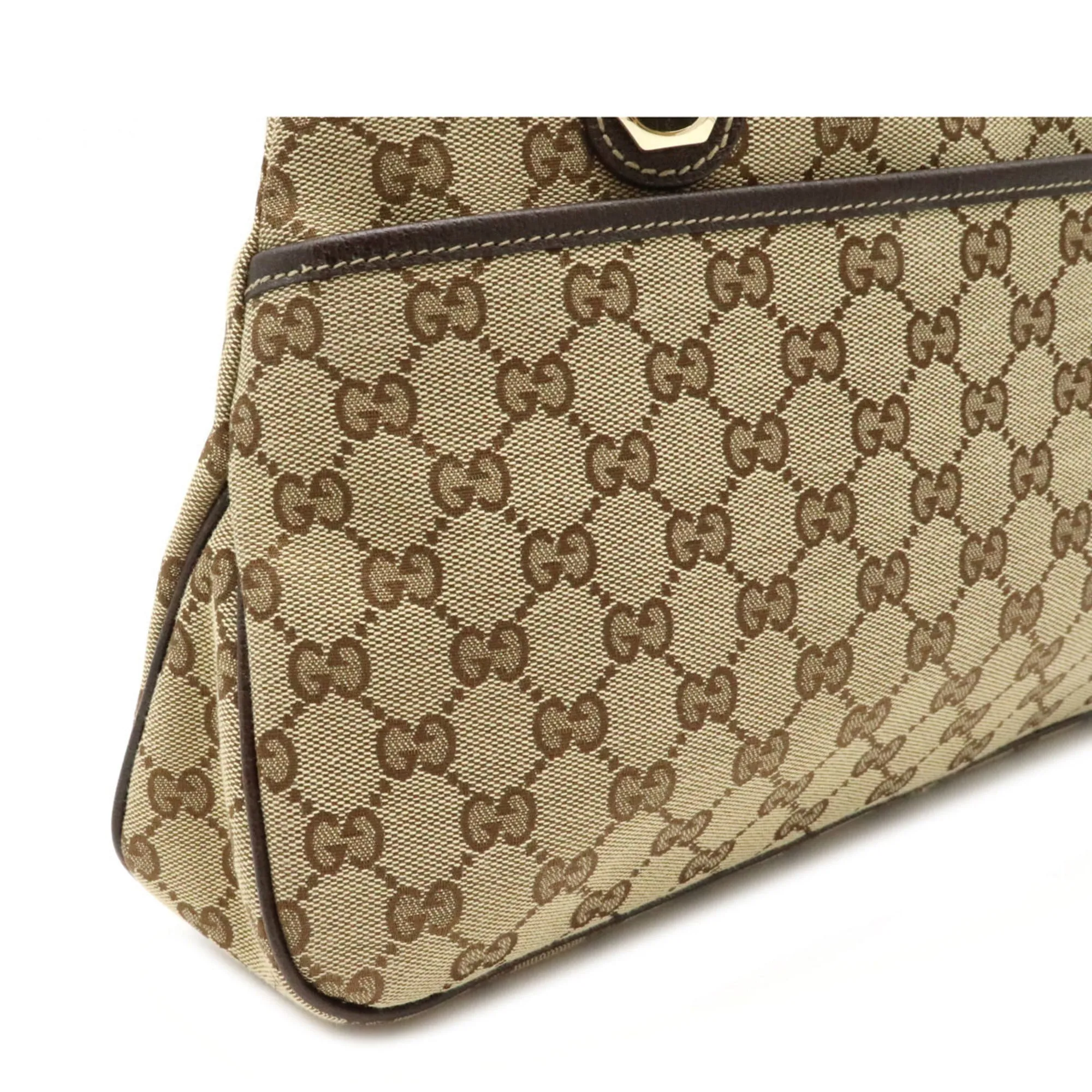 Gucci GG canvas tote bag shoulder leather khaki beige dark brown 163288