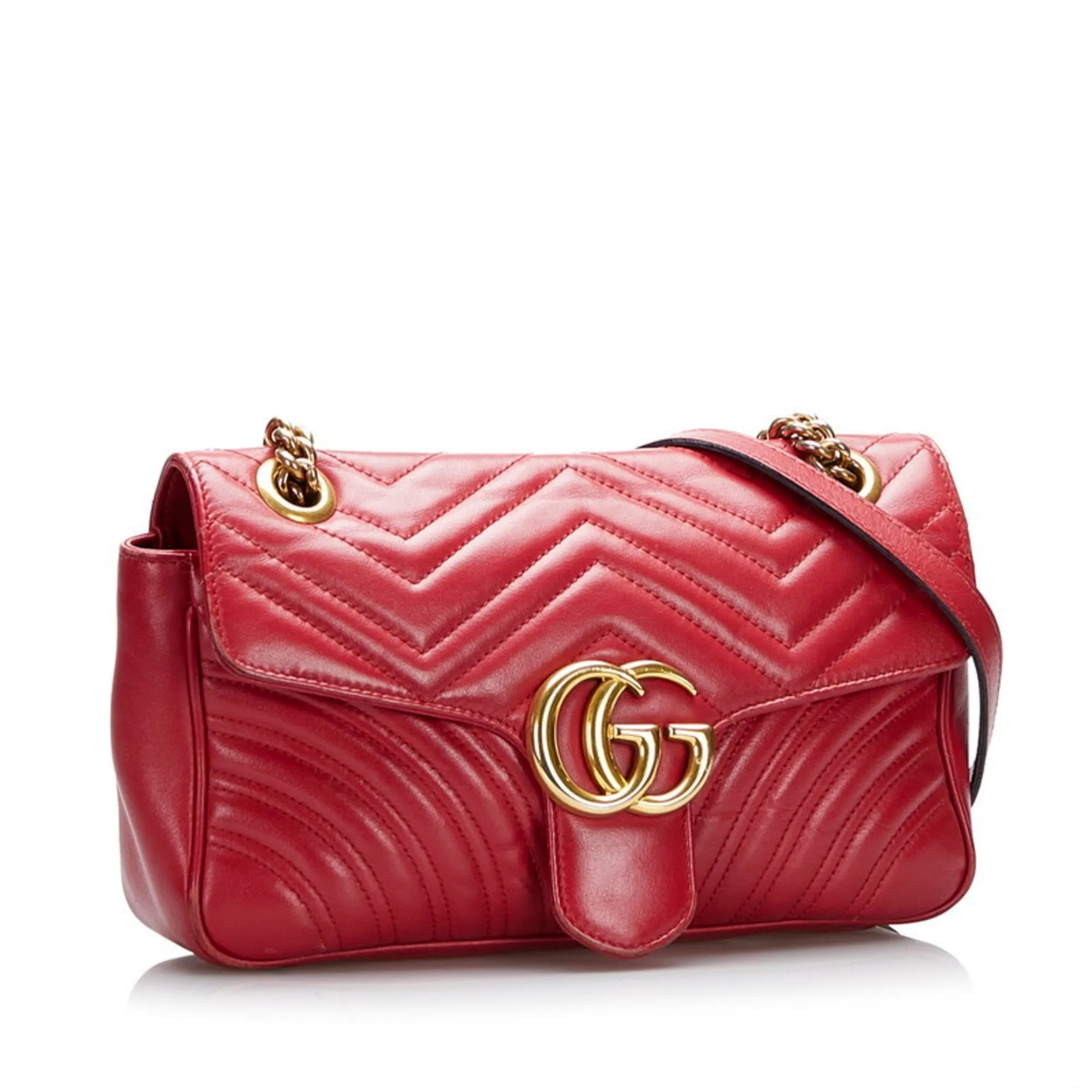 Gucci GG Marmont Double G Quilted Small Heart Chain Shoulder Bag?443497 Hibiscus Red Leather Ladies Gucci