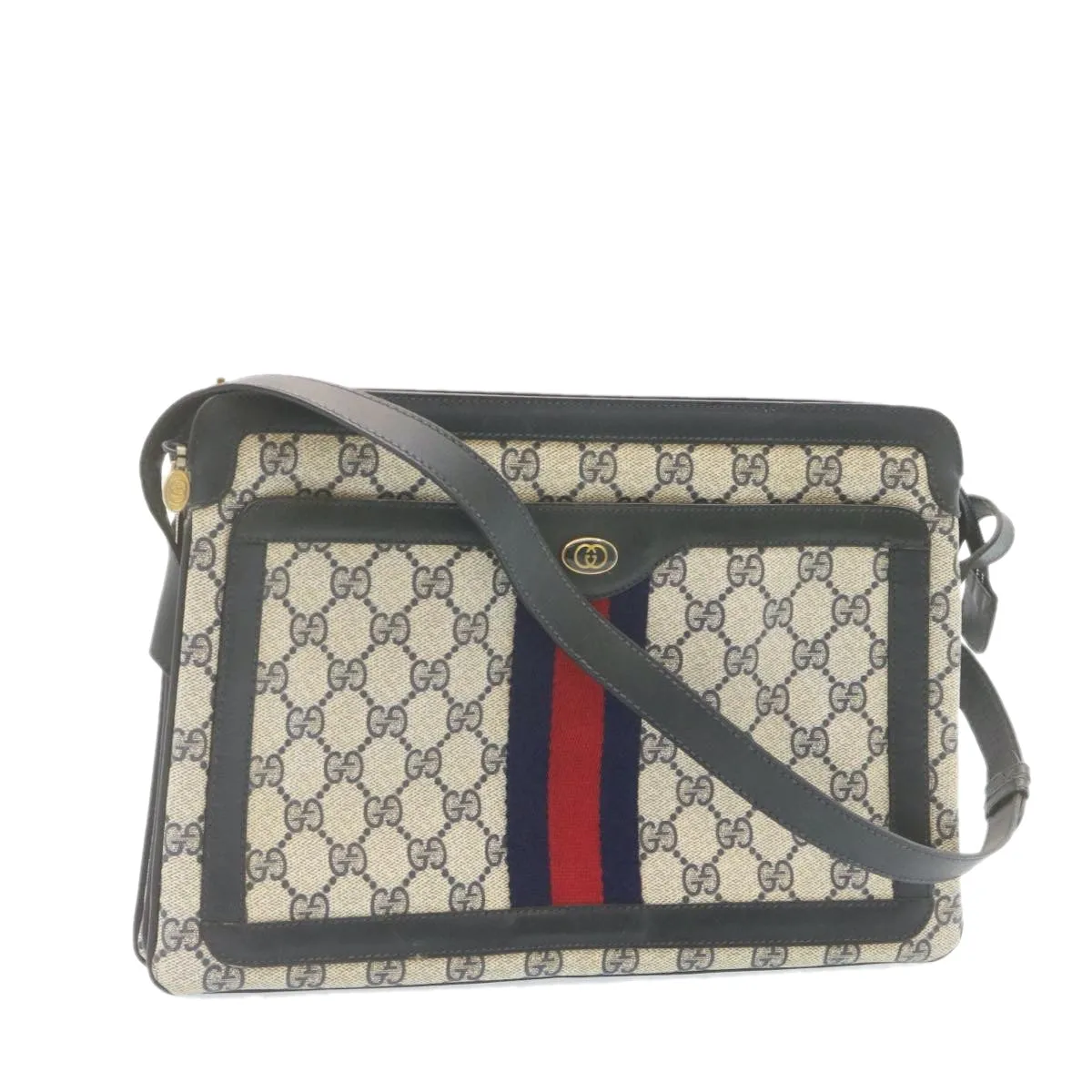 GUCCI Sherry Line GG Canvas Shoulder Bag PVC Leather Red Navy  ar4424