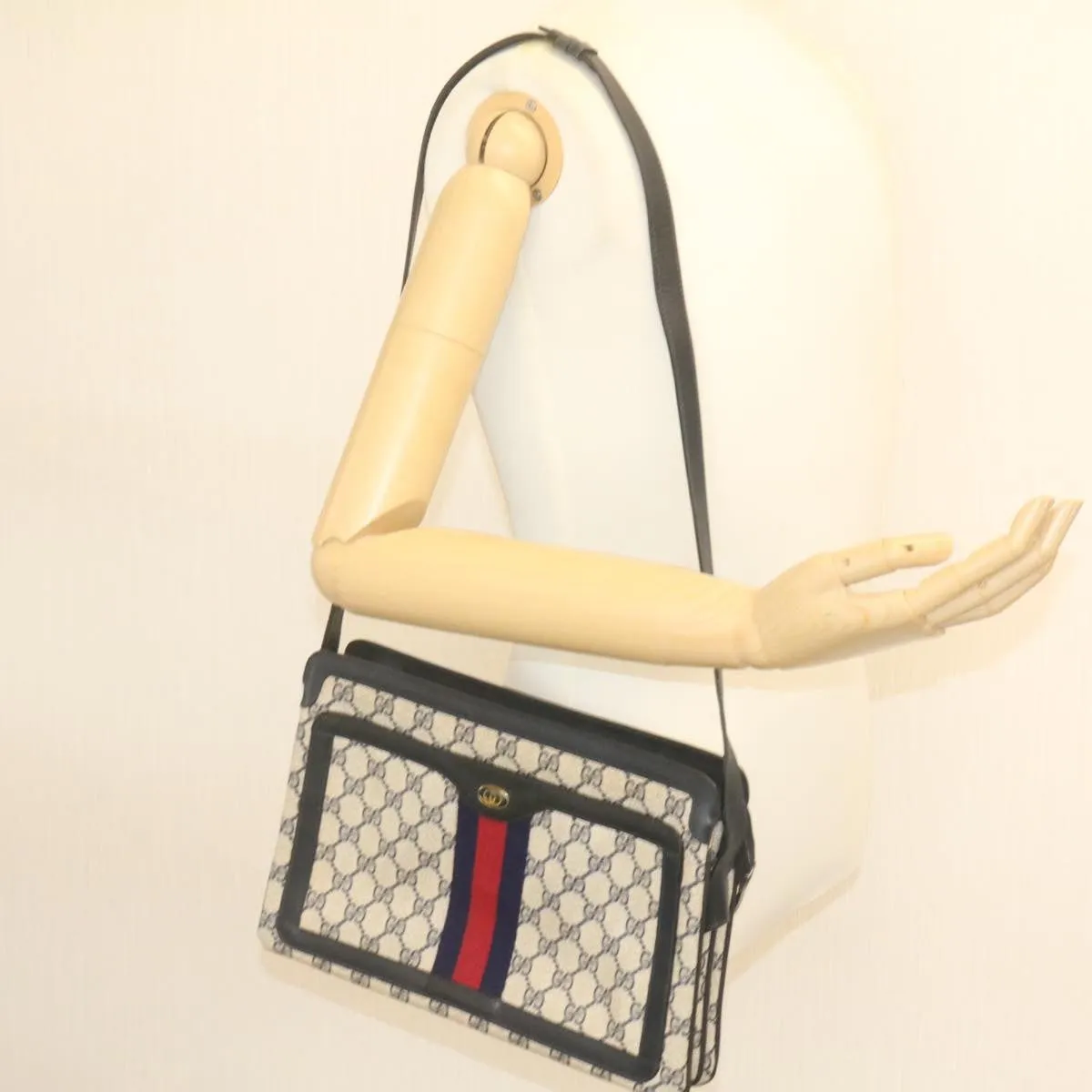 GUCCI Sherry Line GG Canvas Shoulder Bag PVC Leather Red Navy  ar4424